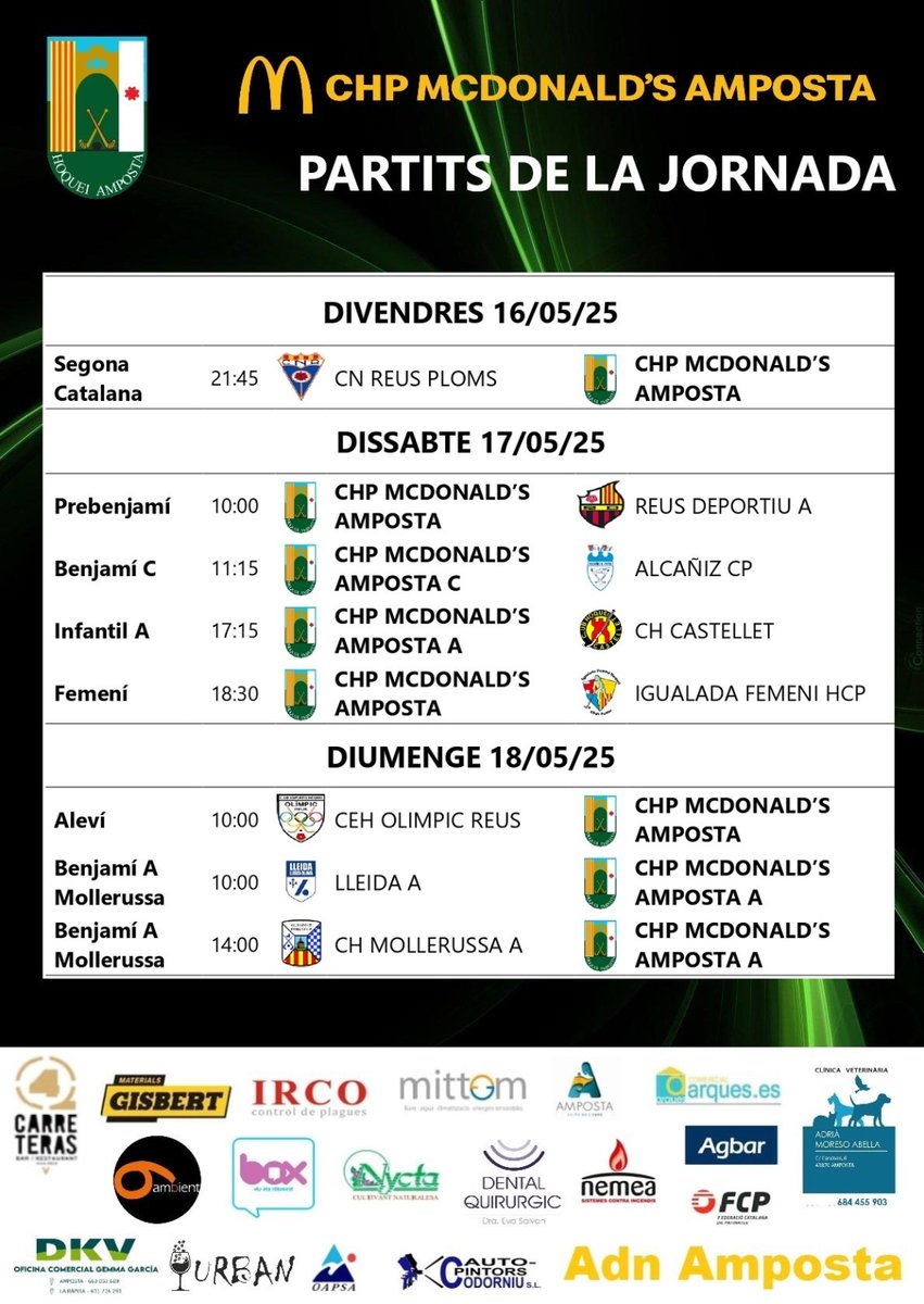 📅 Calendari de partits #hoquei 🏑🥅
16-17-18 maig
#ChpMcDonaldsAmposta 🟢⚫️
👇👇👇