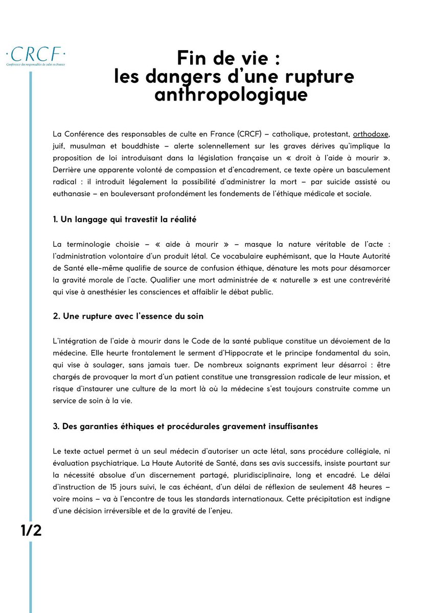 frerePauladrien's tweet photo. ⬛️ Catholique, protestant, orthodoxe, juif, musulman et bouddhiste, tous unis CONTRE le projet de loi sur l'#euthanasie et le suicide assisté.

Le CRCF rappelle la valeur de la vie et appelle à la responsabilité politique et humaine. https://t.co/v8nYGAd9fI