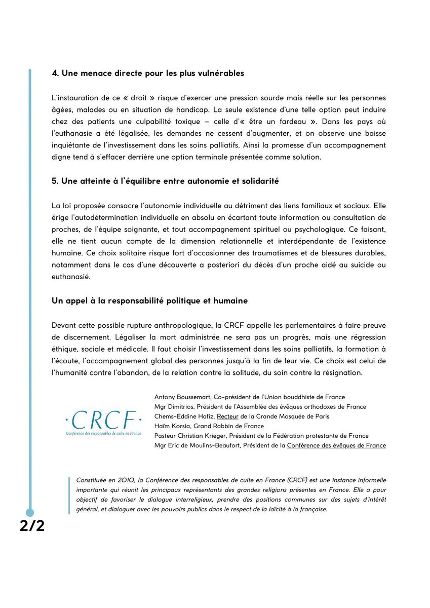 ⬛️ Catholique, protestant, orthodoxe, juif, musulman et bouddhiste, tous unis CONTRE le projet de loi sur l'#euthanasie et le suicide assisté.

Le CRCF rappelle la valeur de la vie et appelle à la responsabilité politique et humaine.
