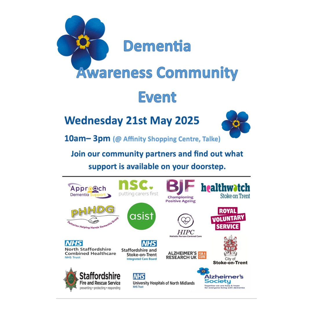 Next week we will be at Affinity Staffordshire Shopping Centre in Talke (previously Freeport) on Wednesday 21st May, between 10am and 3pm, joining other organisations to showcase some of the advice and support available to people living with dementia, their families and carers.