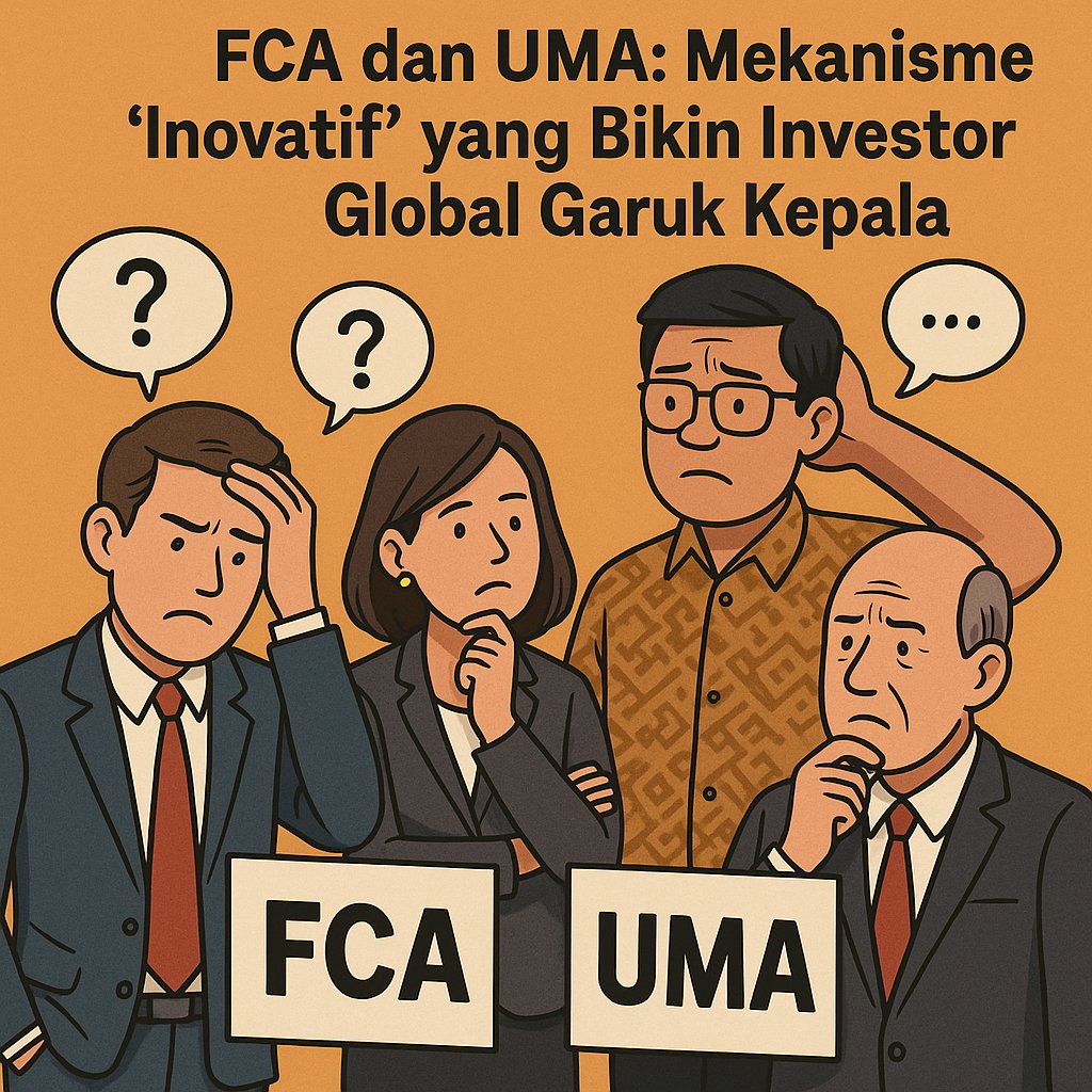 JhonVeter's tweet photo. *FCA dan UMA: Mekanisme “Inovatif” yang Bikin IB Global Hengkang*

Minggu lalu, direksi Bursa Efek Indonesia (BEI) terbang ke Shanghai, lanjut ke Hongkong. Katanya mau ketemu investor global. Tapi pertanyaannya: memang harus sejauh itu? Di Jakarta banyak kok mantan investment banker (IB) global—yang bukan cuma pernah ngopi di Wall Street, tapi juga ikut nyusun deal bernilai miliaran dolar. Tapi ya mungkin memang masih ada budaya inlander di negeri kita: yang luar negeri selalu lebih keren, lebih valid, lebih "investable."

Ironisnya, anak bangsa kita justru sering lebih dihargai oleh investor asing ketimbang institusi pasar modal lokal. Padahal banyak di antara mereka ini yang ngerti struktur derivatif lebih dari paham harga pecel lele seperti dugaan para direksi bursa.

Nah, salah satu misi ke Hongkong kabarnya karena MSCI ogah memasukkan saham Indonesia yang pernah kena FCA. Mereka juga bingung: "UMA ini apaan sih standarnya?" Bahkan BlackRock—yang katanya mau standby buyer untuk salah satu holding Perusahaan besar pak PP—ikut mundur karena status saham yang ngambang antara "misterius" dan "membingungkan." Ala  FCA kedepannya. Sempat nongol di E-IPO langsung gak jadi karena status Blackrock masih ngambang.

Dua true IB Global pun bertanya, “Siapa yang bikin konsep FCA? Dan UMA itu rujukannya apa?” Jawaban dari pihak IDX: “Sudah studi ke luar negeri, ini mirroring dari praktik global.” Lalu investor nanya balik, “Pasar mana tuh yang mirip?” Eh, ternyata… nggak ada. Asli, gak ketemu pasarnya.

Jadi, rombongan BEI pulang dengan tangan kosong. Malah berita kepergiannya lebih heboh daripada berita kepulangannya, malah gak ada beritanya Ding wkwk. Di mata investor global, ini kayak ngelihat dosen bikin kebijakan ujian tapi lupa nyusun kisi-kisi.

Sebagai mantan IB Global yang malang melintang dari Sin sampai US, saya bisa bilang: *investor asing bukan cuma lari karena sentimen, tapi karena bingung.* Dalam lima tahun terakhir, sudah ada Citigroup, Morgan Stanley, Merrill Lynch, Deutsche Sekuritas, dan Credit Suisse angkat kaki dari pasar Indonesia. *Dan ini bukan karena mereka gak cinta kita, tapi karena sinyal pasarnya makin absurd.*

Kebijakan seperti FCA dan UMA ini—sebagus apapun niatnya—kalau gak transparan dan gak inline sama praktik global, ya hasilnya cuma jadi noise. Bagi investor, likuiditas dan kejelasan adalah harga mati. Kalau saham tiba-tiba dikasih label “FCA” tanpa logika yang bisa di-backtest, ya jangan salah kalau masuk watchlist… buat dihindari.

Dan mohon maaf, *pasar efisien bukan pasar yang penuh regulasi “dadakan.”* Pasar yang disukai investor global itu pasar yang predictable, bisa dibaca, dan konsisten. Bahkan Trump yang superpower pun gak bisa seenaknya ngatur pasar global. Akhirnya ya harus kompromi juga sama China—walau sebelumnya mulutnya kayak petasan.

Yang bikin kaget pagi ini: ternyata direksi BEI belum punya sertifikasi global. CK CK CK. Lah, jadi kepala cabang bank aja harus ikut pelatihan dan uji sertifikasi. Ini yang ngatur pasar modal malah belum tersertifikasi internasional? Pantas aja waktu ditanya soal FCA dan UMA, jawabannya kayak Google Translate dari Bahasa Jawa ke Latin.

Intinya, niat baik sih bagus. Tapi pasar itu bukan soal niat. Ini soal kredibilitas. Semoga BEI ke depannya bisa lebih market-oriented, bukan hanya regulation-heavy. Karena kalau tidak, jangan kaget kalau pasar kita jadi destinasi terakhir investor global.

Salam dari mantan IB Global yang Malang Melintang di Sin dan US dan sampai sekarang masih tahu cara baca term sheet dan valuasi convertible bond.

Happy Investing!
– JV