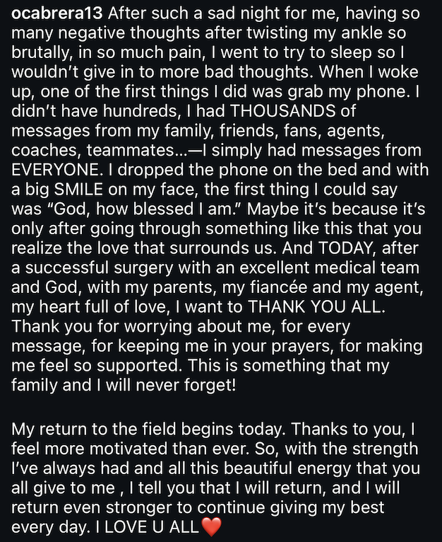 MaxTGoodman's tweet photo. Oswaldo Cabrera's message to #Yankees fans after his ankle injury (posted to his Instagram last night):

"I will return and I will return even stronger to continue giving my best every day. I LOVE U ALL❤️" https://t.co/mZpl585gtG