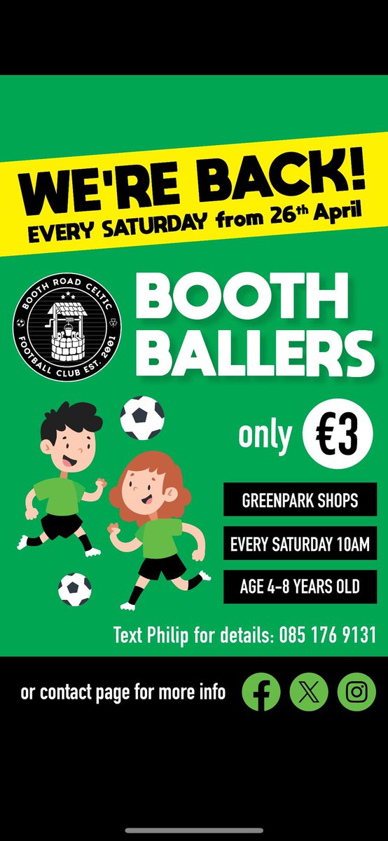 Booth Road Celtic FC (@booth_road) on Twitter photo 🍀🍀Club Academy Week 4🍀🍀
Our academy under the guidance of Philip Sheppard continues tomorrow from 10am at Greenpark Shopping Centre
Make sure arrive early for registration ⏰
Open to all new members 🍀
<a href="/sheppard_philip/">philip sheppard</a> <a href="/DDSL_Official/">DDSL Grassroots</a> 🍀🍀Club Academy Week 4🍀🍀
Our academy under the guidance of Philip Sheppard continues tomorrow from 10am at Greenpark Shopping Centre
Make sure arrive early for registration ⏰
Open to all new members 🍀
<a href="/sheppard_philip/">philip sheppard</a> <a href="/DDSL_Official/">DDSL Grassroots</a>