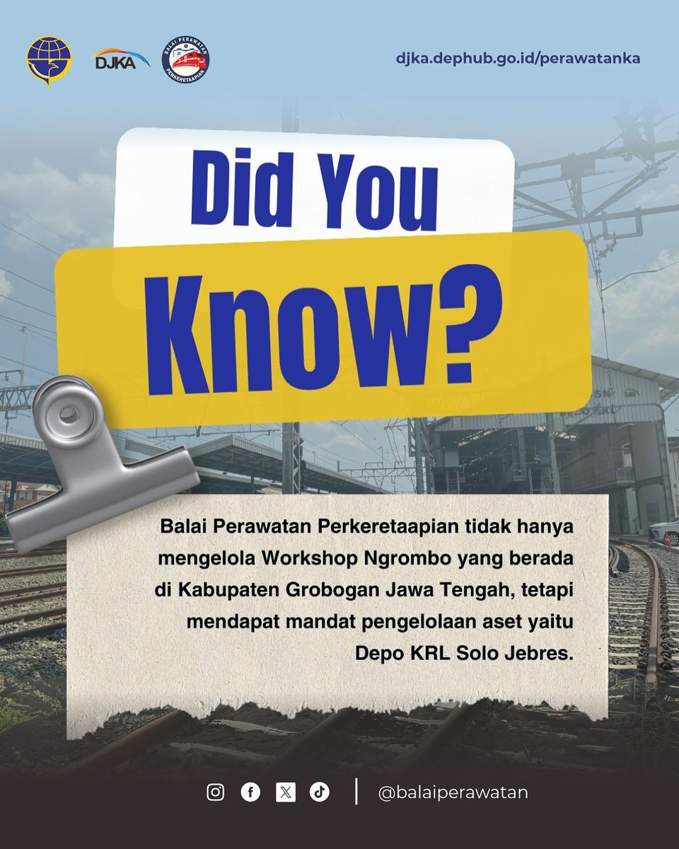 balaiperawatan's tweet photo. Halo #TemanBaperka!
Kenalan yuk dengan Depo KRL Solo Jebres yang merupakan aset BMN fasilitas perawatan KRL di bawah Balai Perawatan Perkeretaapian! https://t.co/FYg08rOXEe