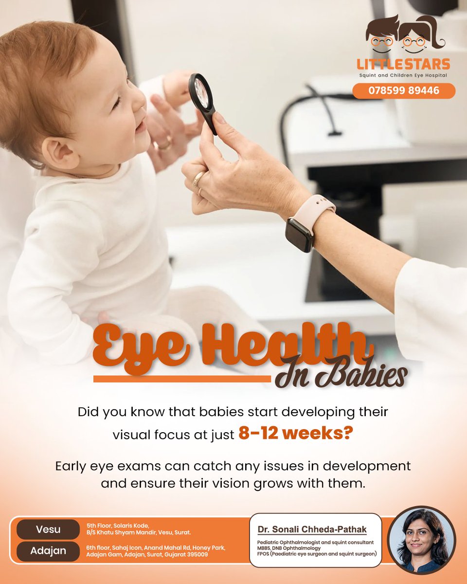 LittleStarsEye's tweet photo. Early eye checkups can change your baby’s vision for life! 👶
Consult Dr. Sonali Chheda-Pathak at Little Stars Eye Hospital, Surat – expert in pediatric eye &amp; squint care.
+91 78599 89446
#LittleStarsEyeHospital #KidsEyeCare #SquintInChildren #PediatricVisionSurat #DrSonaliChheda https://t.co/ofczjCYj2k
