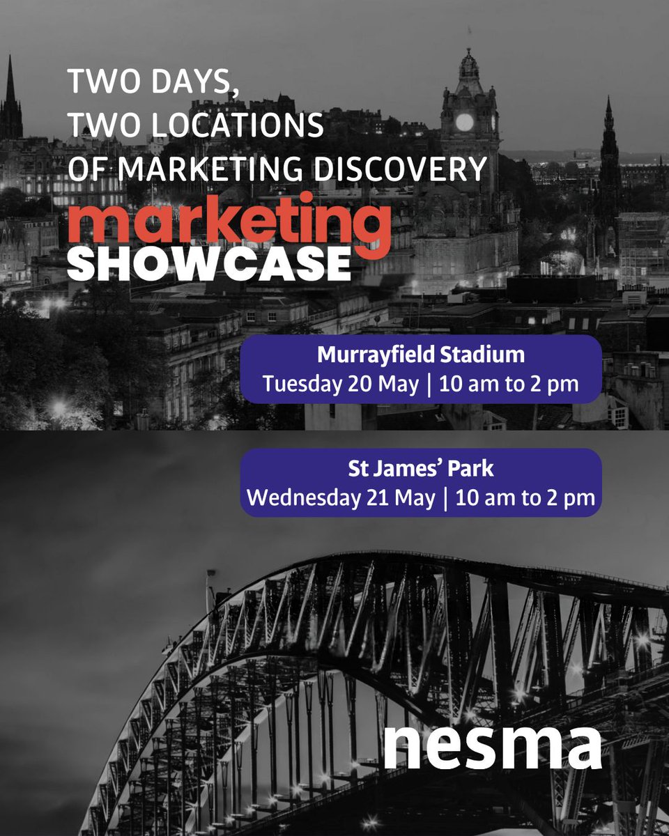 The nesma team is heading to the FREE Marketing Showcase events in Edinburgh and Newcastle.

EDINBURGH | Tuesday 20 May at Murrayfield Stadium
NEWCASTLE | Wednesday 21 May at St James' Park

Book your tickets now and let’s catch up
👉 buff.ly/TDt6wJz