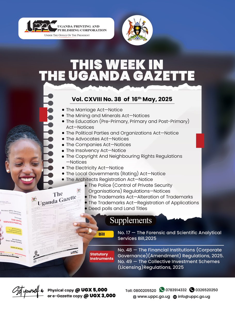 UgandaGazette's tweet image. End your week with a copy of the Uganda Gazette, now available on portal.uppc.go.ug
#UgandaGazette