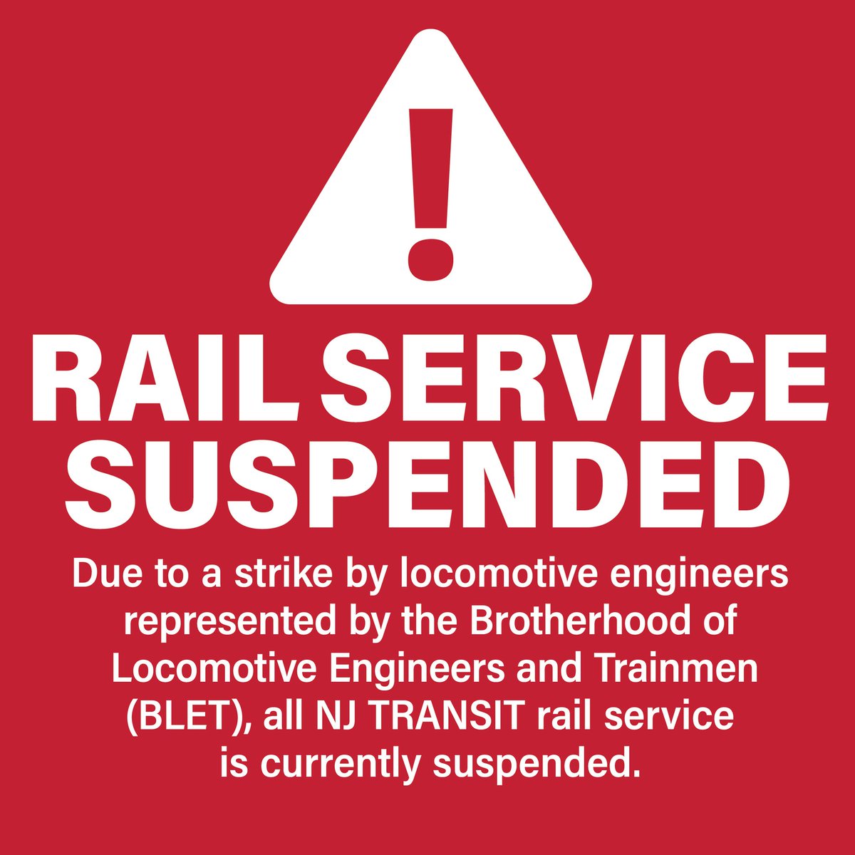 Due to a strike by locomotive engineers represented by the Brotherhood of Locomotive Engineers and Trainmen, all NJ TRANSIT rail service is currently suspended. Details at njtransit.com/strike