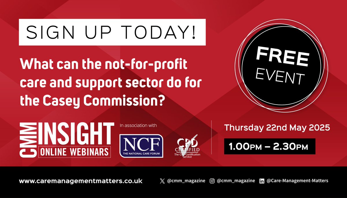 CMM Magazine 💚 (@cmm_magazine) on Twitter photo #Free Webinar, Thursday 22nd May 1-2:30pm, sign up today caremanagementmatters.co.uk/webinar/
What can not-for-profit care do for the #CaseyCommission?
Confirmed speakers: Liz Jones - Policy Director at NCF <a href="/NCF_Liz/">NCF_Liz 💚</a> <a href="/NCFCareForum/">National Care Forum</a>, Maria Mills - CEO of Active Prospects, Andy Cole OBE - Chief #Free Webinar, Thursday 22nd May 1-2:30pm, sign up today caremanagementmatters.co.uk/webinar/
What can not-for-profit care do for the #CaseyCommission?
Confirmed speakers: Liz Jones - Policy Director at NCF <a href="/NCF_Liz/">NCF_Liz 💚</a> <a href="/NCFCareForum/">National Care Forum</a>, Maria Mills - CEO of Active Prospects, Andy Cole OBE - Chief