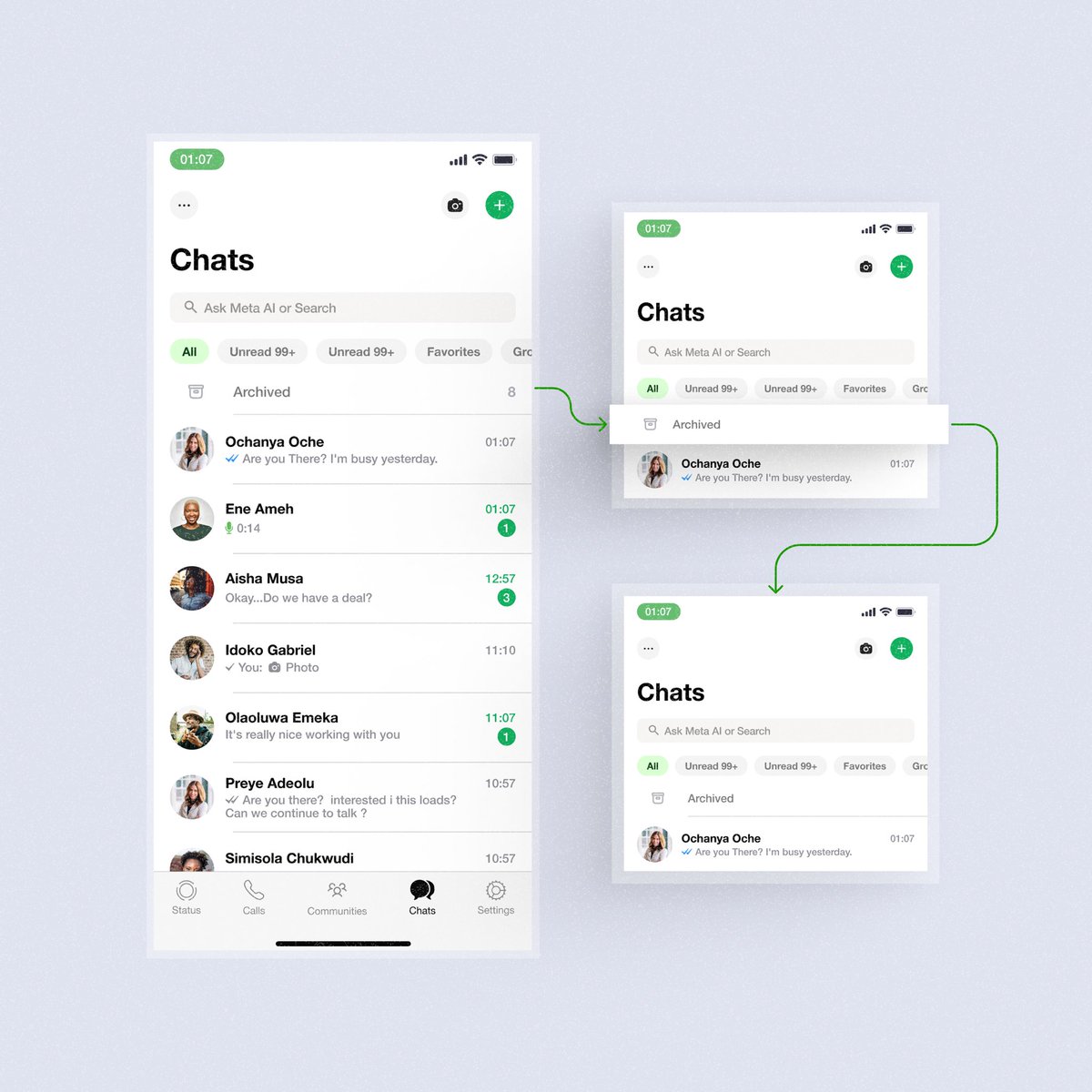 hola_maria_'s tweet photo. Dear @WhatsApp
 
I archive chats to avoid them. But the unread count still shows &amp; guess what? I end up checking them anyway. 

That little number count defeats the whole purpose of archiving.

So, I redesigned the archive UI to do what it should; let me forget it exists. https://t.co/KczE6MuqN6