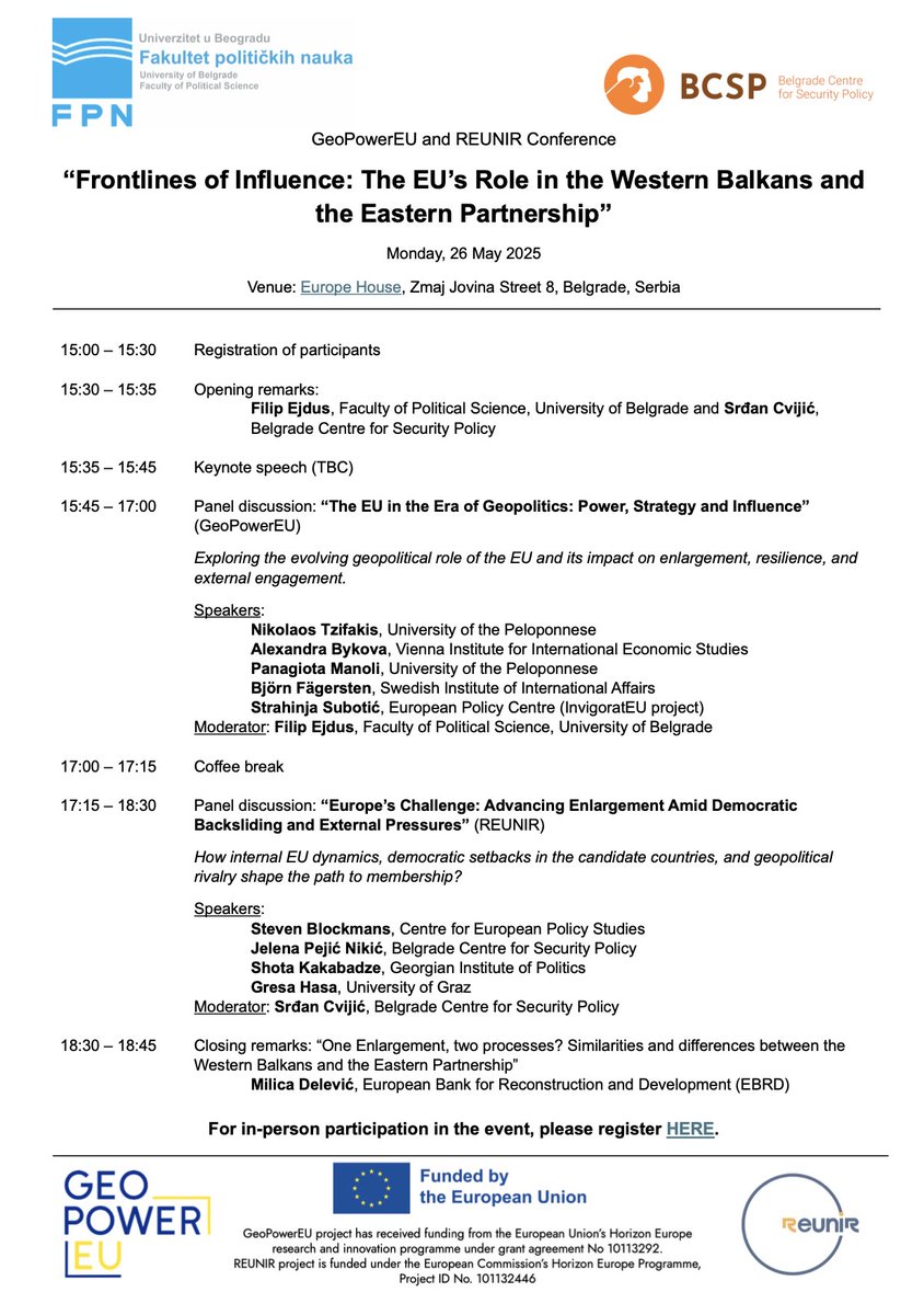 GEO-POWER-EU (@geopower_eu) on Twitter photo 📢Join us on May 26 in Belgrade🇷🇸 for a high-level public conference co-hosted with our sister project REUNIR: “Frontlines of Influence: The EU’s🇪🇺 Role in the Western Balkans & Eastern Partnership”
📅 15:30–19:00 | 📍 Europe House
 Moreℹ️ & registration🔗bit.ly/42Z3GZF 📢Join us on May 26 in Belgrade🇷🇸 for a high-level public conference co-hosted with our sister project REUNIR: “Frontlines of Influence: The EU’s🇪🇺 Role in the Western Balkans & Eastern Partnership”
📅 15:30–19:00 | 📍 Europe House
 Moreℹ️ & registration🔗bit.ly/42Z3GZF