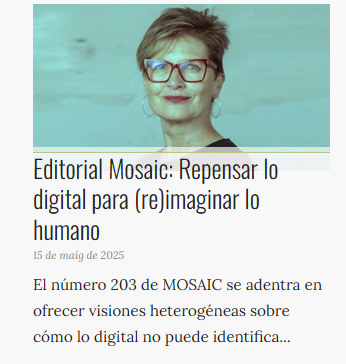 MOSAIC (@mosaicuoc) on Twitter photo 🔝Repensar lo digital para (re)imaginar lo humano
✍️Editorial de <a href="/pgdiaz_/">P. G. Díaz</a> para el último número de Mosaic
🔗doi.org/10.7238/m.n203… 🔝Repensar lo digital para (re)imaginar lo humano
✍️Editorial de <a href="/pgdiaz_/">P. G. Díaz</a> para el último número de Mosaic
🔗doi.org/10.7238/m.n203…