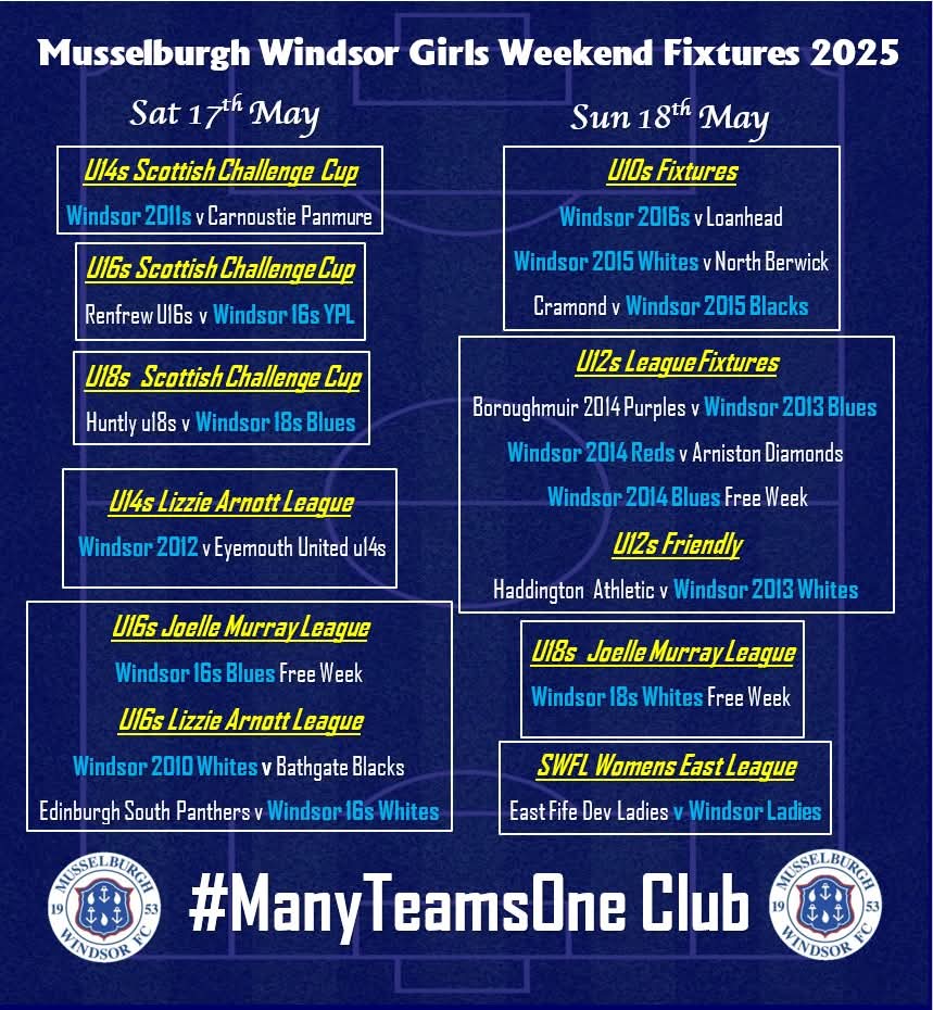 Windsor Girls Fixtures 
This weekend sees 13 of our sides in action with huge Scottish Challenge Cup ties for our u14 2011s, U16s YPL and U18s Blues.
Good Luck and safe journey to those playing away.

All the best to all the girls.
#RomanceOfTheCup 
#WindsorGirls