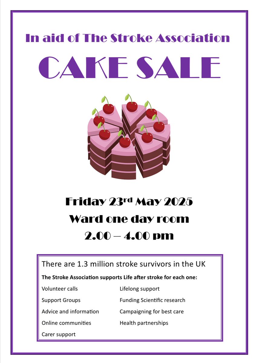Integrated Therapies at James Paget Hospital (@jpuhtherapies) on Twitter photo Our stroke therapy team are holding a cake sale on Friday 23rd May to raise money for <a href="/TheStrokeAssoc/">Stroke Association</a> 🍰
This will be on ward 1 at <a href="/JamesPagetNHS/">JPUH NHS FT</a> (cash only)🧁 Our stroke therapy team are holding a cake sale on Friday 23rd May to raise money for <a href="/TheStrokeAssoc/">Stroke Association</a> 🍰
This will be on ward 1 at <a href="/JamesPagetNHS/">JPUH NHS FT</a> (cash only)🧁