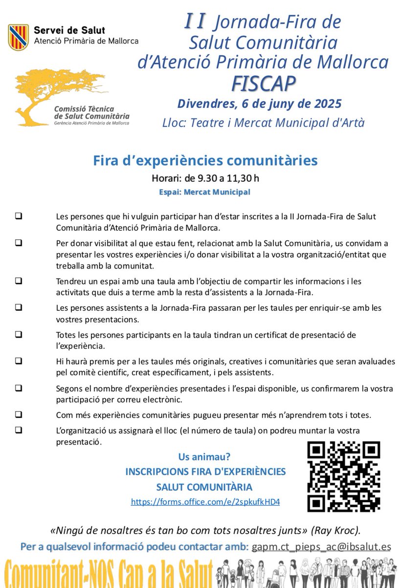 Cap a la Salut (@capalasalut) on Twitter photo II FISCAP - Jornada Fira de Salut Comunitària d’ <a href="/apmallorca/">Gerència d'Atenció Primària de Mallorca</a> t’espera a #Artà el 6/6/25 Vina a conèixer i a compartir les experiències de Salut Comunitària de Mallorca. Disfrutarem d’escoltar a <a href="/rcofinof/">Artemio Rulán</a>, Metge, escritpor i actualment diputat al Congrés. Expert en SC😊 II FISCAP - Jornada Fira de Salut Comunitària d’ <a href="/apmallorca/">Gerència d'Atenció Primària de Mallorca</a> t’espera a #Artà el 6/6/25 Vina a conèixer i a compartir les experiències de Salut Comunitària de Mallorca. Disfrutarem d’escoltar a <a href="/rcofinof/">Artemio Rulán</a>, Metge, escritpor i actualment diputat al Congrés. Expert en SC😊