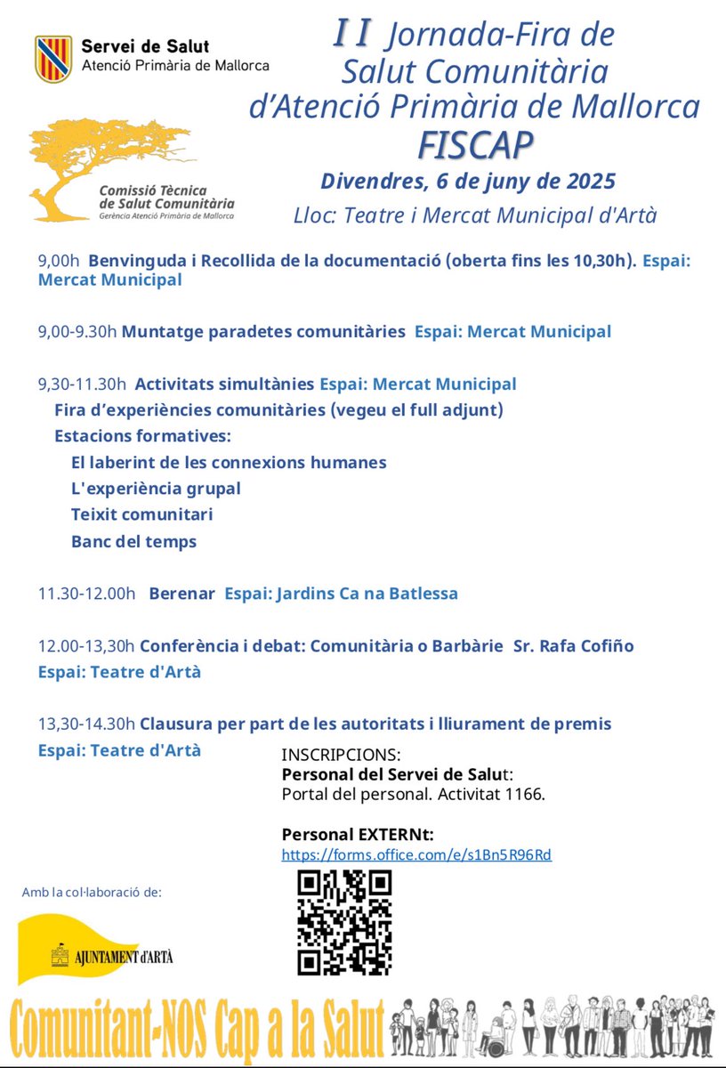 capalasalut's tweet photo. II FISCAP - Jornada Fira de Salut Comunitària d’ @apmallorca t’espera a #Artà el 6/6/25 Vina a conèixer i a compartir les experiències de Salut Comunitària de Mallorca. Disfrutarem d’escoltar a @rcofinof, Metge, escritpor i actualment diputat al Congrés.  Expert en SC😊 https://t.co/Zw1lFZLYYJ