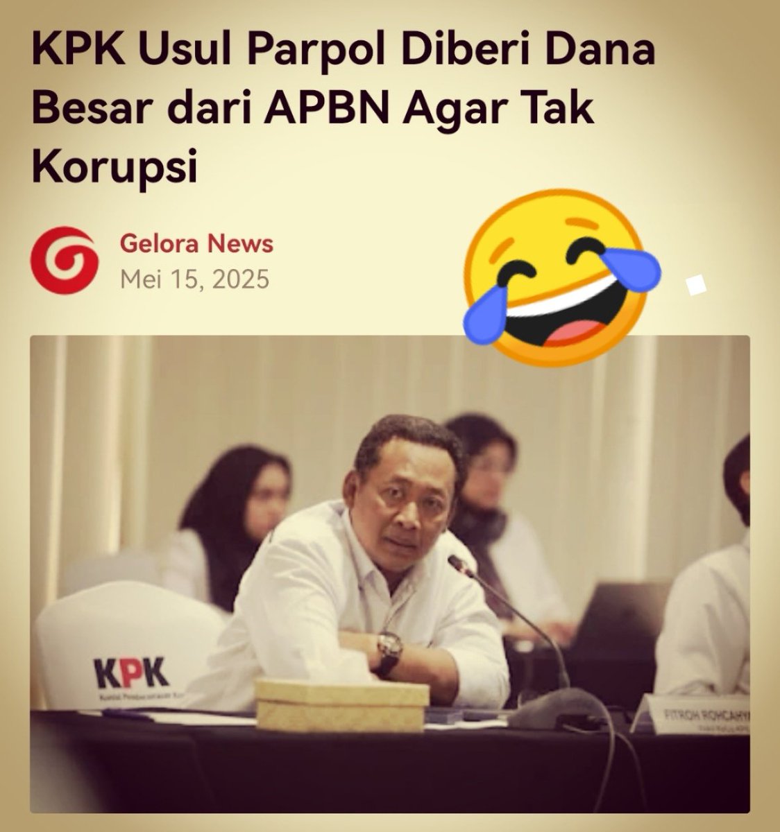 Kenapa ngrusuhi APBN? Mustinya diambil dari anggaran <a href="/KPK_RI/">KPK</a> yang 1,036 Triliun ituh, toh klen pegawai KPK bakalan nganggur kalo beneran parpol kgak akan korupsi.
Bisa dicoba tahun inih ane rasa..

gelora.co/2025/05/kpk-us…