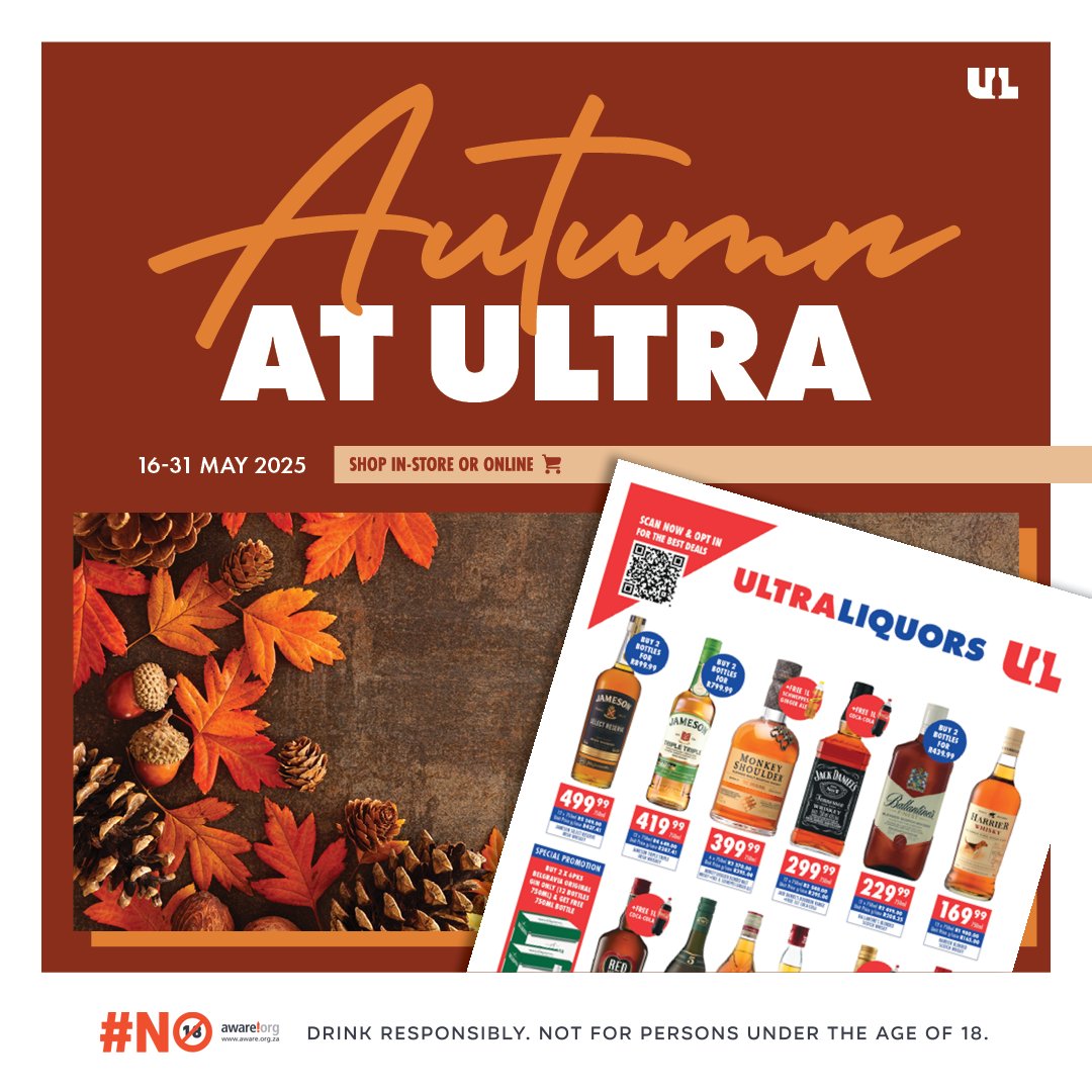 The leaves are falling and so are our prices 🍂 Stock up on sippablewarmth with deals that’ll make you feel cosy inside and out. Check them all out here: promos.ultraliquors.co.za/specials