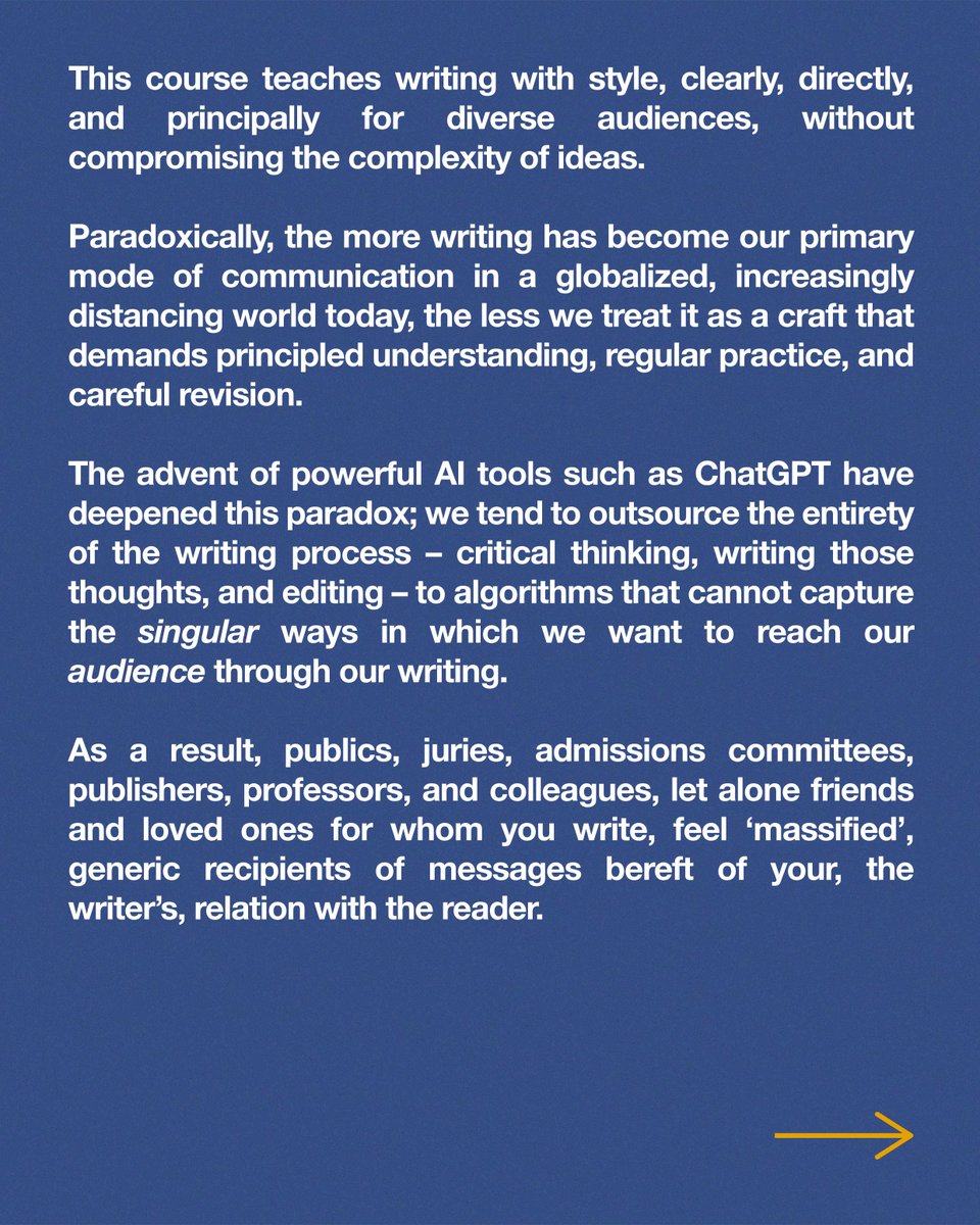 bicar_school's tweet photo. This course teaches writing with style: clearly, directly, and for diverse audiences, without compromising the complexity of ideas.Comprised of 8 interactive sessions, Write: Style is designed for anyone seeking to communicate effectively in written form

https://t.co/nSLjTDzg4T https://t.co/GcJuE0G8fP