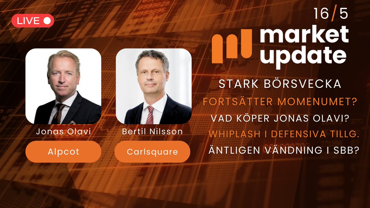Börsen mot starkt avslut på veckan, fortsätter momentumet?

Se market update, som idag gästas av Jonas Olavi på Alpcot och Bertil Nilsson på Carlsquare 11.00

youtube.com/watch?v=2MlvPv…

#finanstwitter