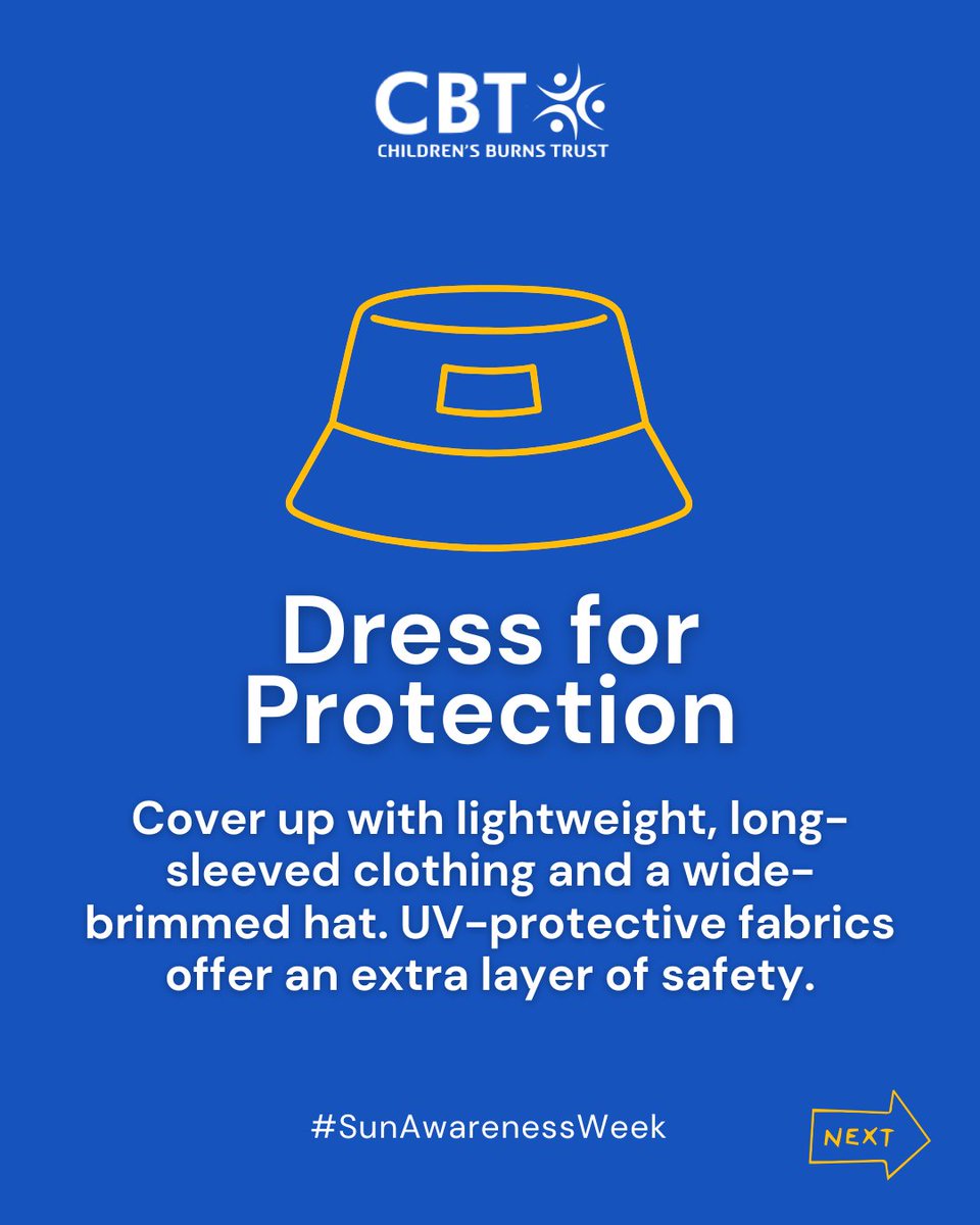 CBTofficial's tweet image. Here are 5 quick tips to keep your little ones safe this summer for #SunAwarenessWeek:

1️⃣ Seek Shade
2️⃣ Dress for Protection
3️⃣ Use SPF 50+ Sunscreen
4️⃣ Stay Hydrated

For more tips and resources: cbtrust.org.uk/get-informed/c…

#SunSafety #ChildrensBurnsTrust #BeBurnsAware