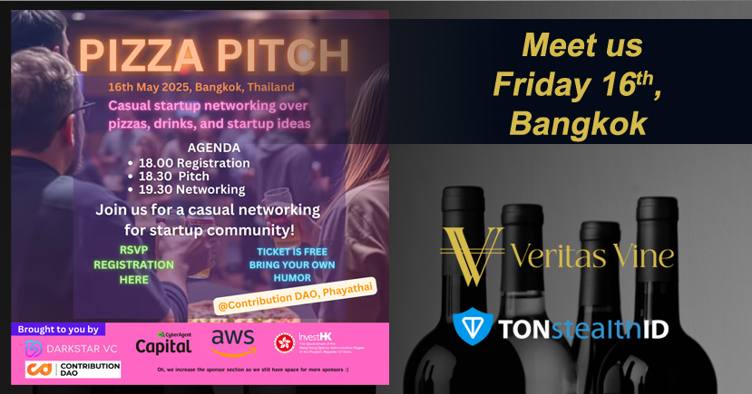WinstantTech's tweet image. 📢  Join us at PIZZA Pitch 
Veritas Vine and  TonsthealthID will be pitching this Friday in Bangkok. 
Learn on fraud prevention and their role in enhancing safety  with digital and decentralized live product IDs on XDC. 
May 16 - 6:00 PM 
Register: lu.ma/spohlf64