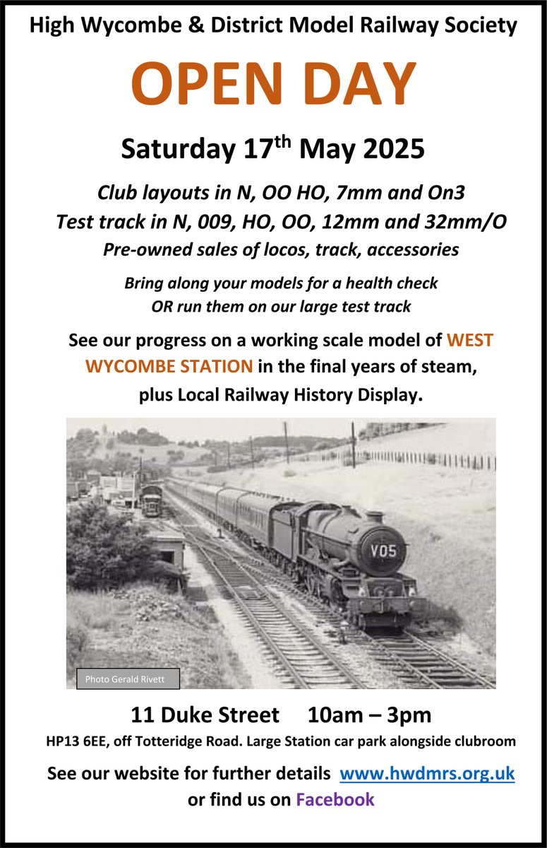 HWDMRS's tweet image. *Reminder* Our next clubroom open is *Tomorrow* 10 till 3. Come and see our current projects, join in with operating our layouts and test track. We are located in the centre of High Wycombe next to the station and Duke Street car park.
hwdmrs.org.uk