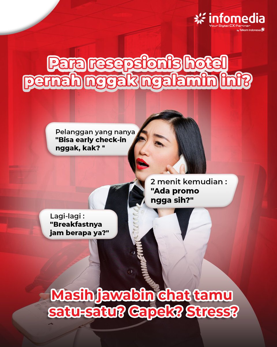 infonusa's tweet photo. Tamu tanya terus, CS kewalahan? 😵‍💫
Saatnya pakai AI Chatbot dari Infomedia! 🚀
Fiturnya?
✅ Auto-reply 24/7
✅ CS lebih fokus
✅ Tamu makin puas

Bikin hotelmu #NaikKelas bareng solusi digital!
➡️ https://t.co/q7Uwn3Yl1W
#infomediaajadulu #CurhatCustomer #AIChatbot #HotelTech https://t.co/2bFoPM9SzL