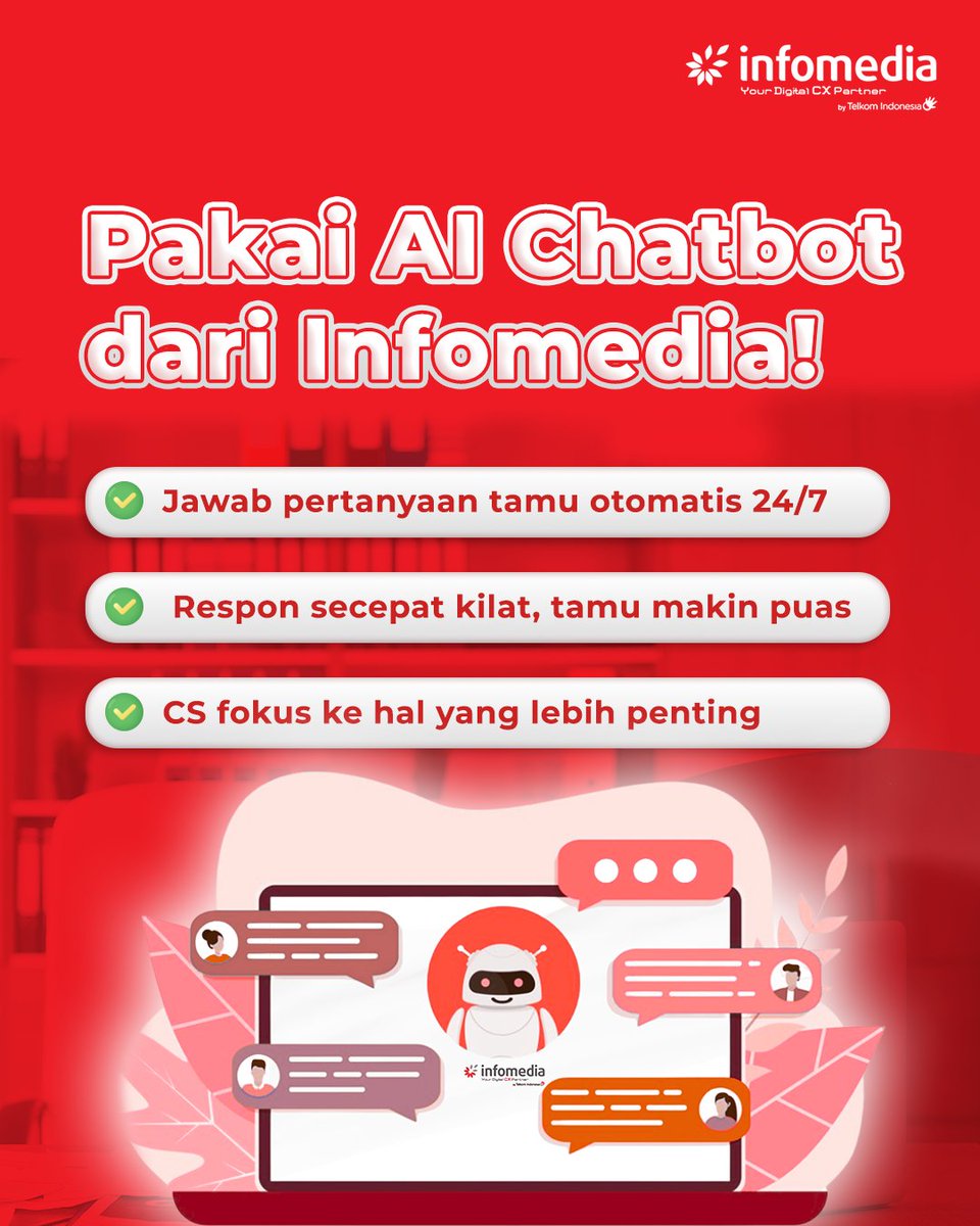 infonusa's tweet photo. Tamu tanya terus, CS kewalahan? 😵‍💫
Saatnya pakai AI Chatbot dari Infomedia! 🚀
Fiturnya?
✅ Auto-reply 24/7
✅ CS lebih fokus
✅ Tamu makin puas

Bikin hotelmu #NaikKelas bareng solusi digital!
➡️ https://t.co/q7Uwn3Yl1W
#infomediaajadulu #CurhatCustomer #AIChatbot #HotelTech https://t.co/2bFoPM9SzL