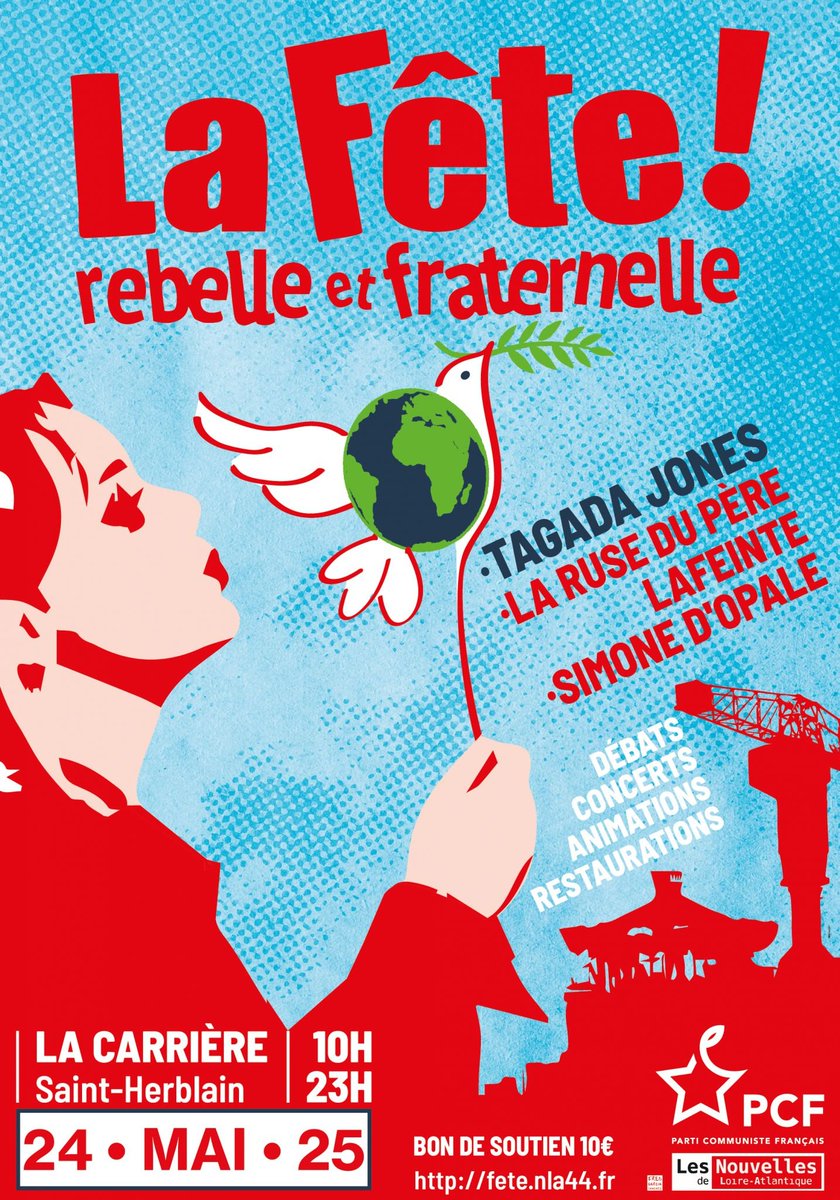 📢 Bon de soutien à 🔟€ (gratuit pour les - 15ans) disponible auprès des militants PCF de #LoireAtlantique proche de chez vous, de la Fédé #PCF44 (41 rue des Olivettes - #Nantes), en DM ou commentaires

➕ d'infos sur la Fête des Nouvelles, le 2️⃣4️⃣ mai⤵️
facebook.com/feterebelleetf…