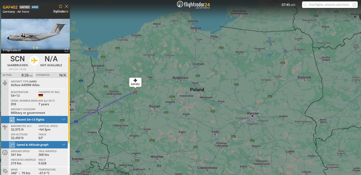 PolishMilRadar's tweet photo. ⌚️16.05.2025 09:45LT
🇩🇪Siły Powietrzne Niemiec
✈️Airbus A400M Atlas "54+13"
#GAF402 na wysokości przelotowej FL330
🛫Saarbrucken #EDDR
🛬Nieznane
🔗https://t.co/lBPn1HheOL
#POLMILRADAR https://t.co/Xl1veDxKcE