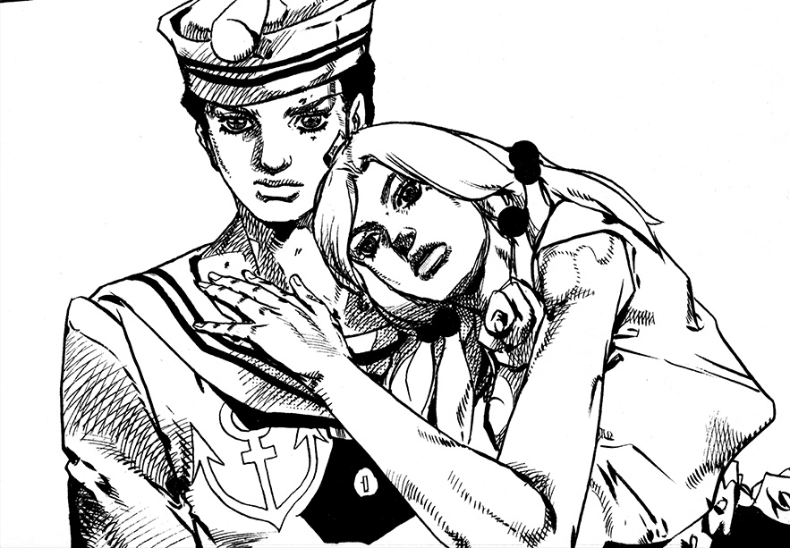 RiverdudeCovers's tweet photo. I'll never forgive Araki for not having them kiss ONCE in the entirety of JoJolion 

Just a little peck, a smooch, SOMETHING 

YOUR HONOR THEYRE IN LOVE https://t.co/mKaVEPbD1g