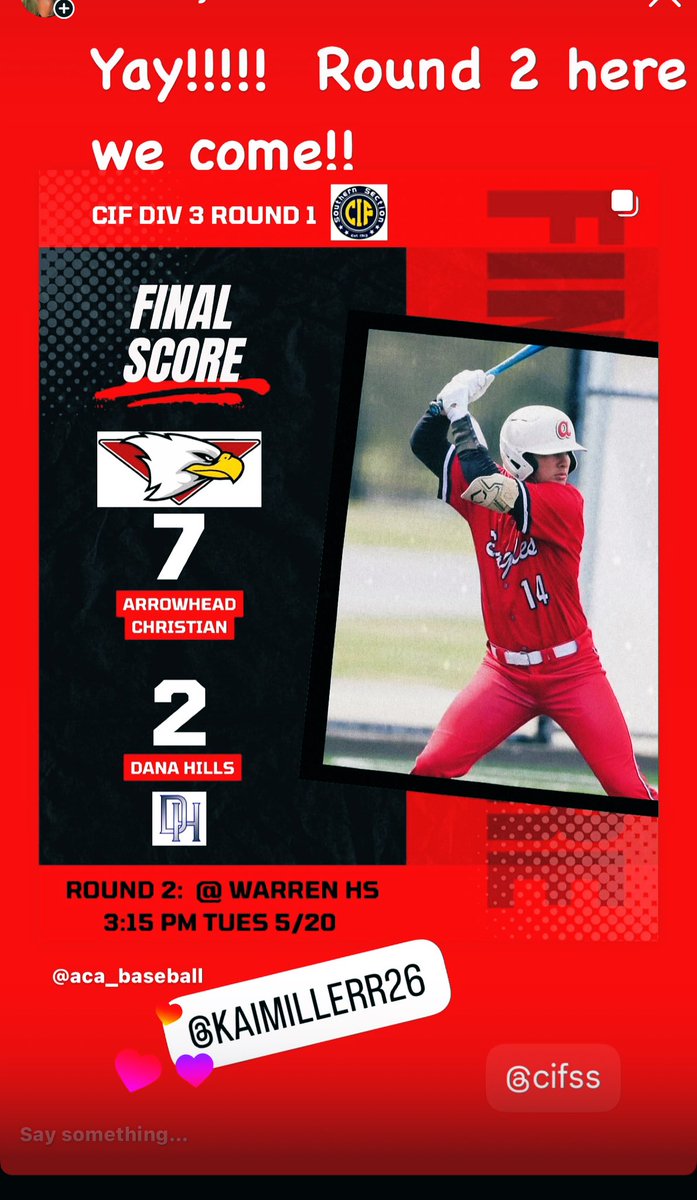 Kai Miller (@kai_miller26) on Twitter photo Arrowhead Christian Wins!
On to Round 2!
<a href="/California_PG/">Perfect Game California</a>
<a href="/PrepBaseballCA/">PREP BASEBALL CALIFORNIA</a>
#2027
#uncommitted Arrowhead Christian Wins!
On to Round 2!
<a href="/California_PG/">Perfect Game California</a>
<a href="/PrepBaseballCA/">PREP BASEBALL CALIFORNIA</a>
#2027
#uncommitted