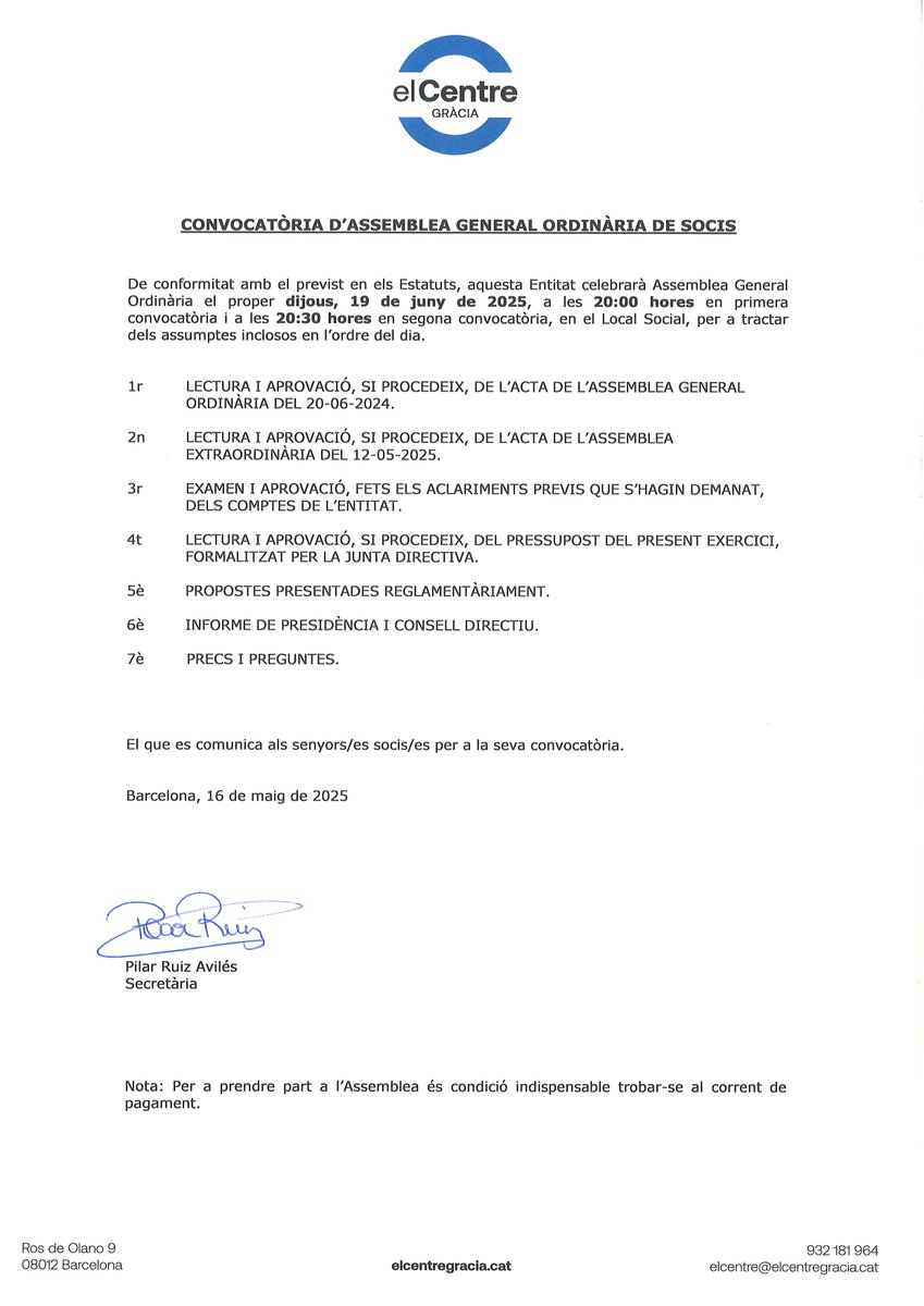 CONVOCATÒRIA D'ASSEMBLEA GENERAL ORDINÀRIA DE SOCIS