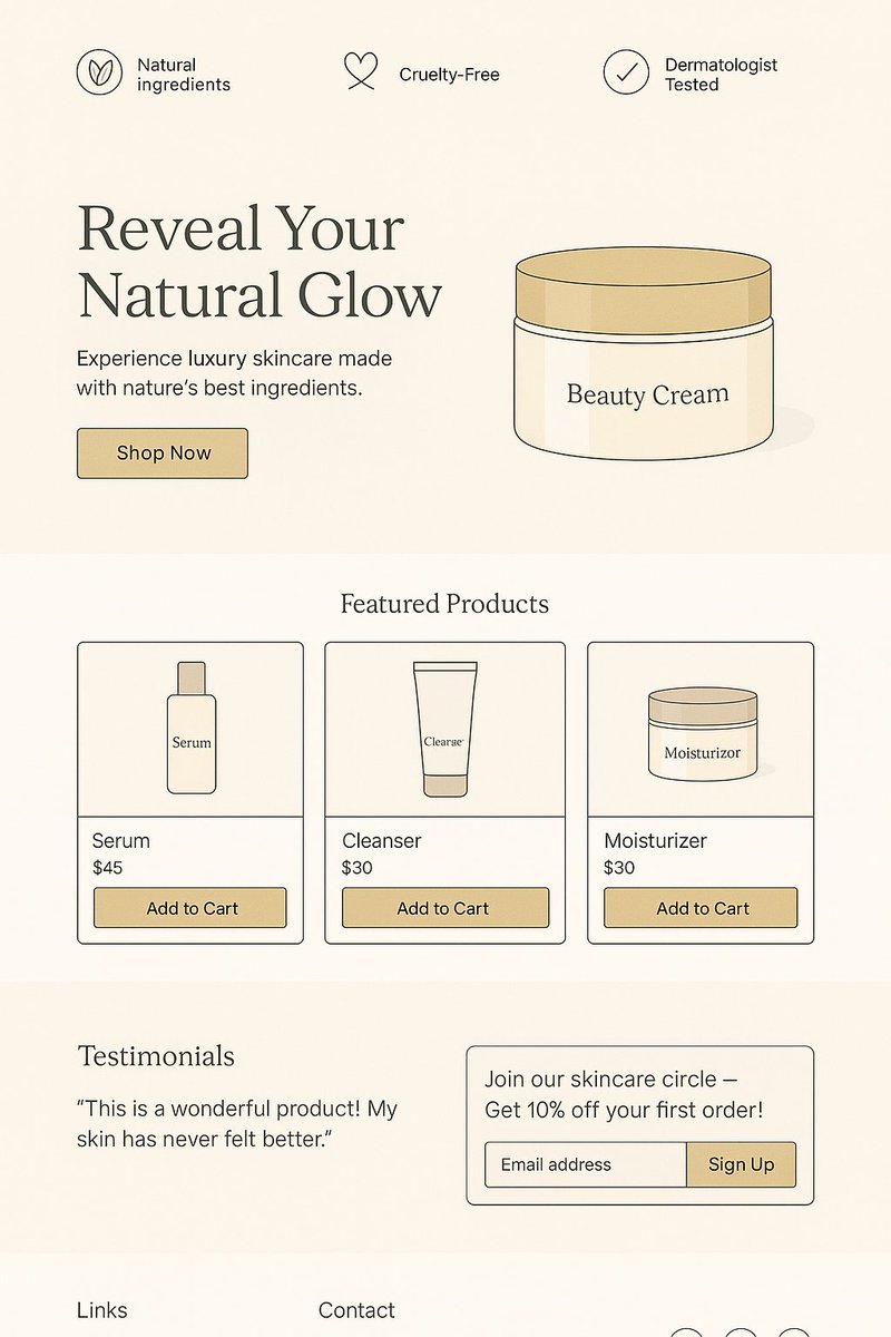 hellopankaj0's tweet photo. Just designed this full homepage wireframe for a Shopify skincare store – “Dev Store” 🧴
🔹 Clean, minimal &amp; conversion-focused
🔹 Hero to footer: banner, products, testimonials, newsletter
I help brands build high-converting Shopify stores.

DM if you need one!
#ShopifyDesign https://t.co/K41GzXZfKr
