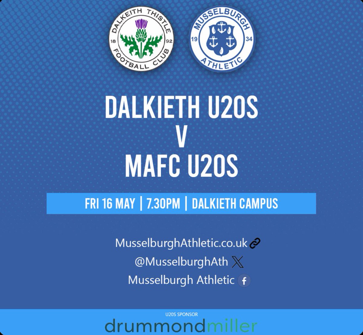 The lowland league playoff isn’t the only football happening this weekend! Tonight sees the final <a href="/mussath20s/">MAFC 20s</a> fixture of the season as the boys look to wrap up an impressive undefeated league campaign

🆚 Dalkeith 
🏟️ Dalkeith Campus
🏆 EOS Development League 
⌚️ 7.30pm