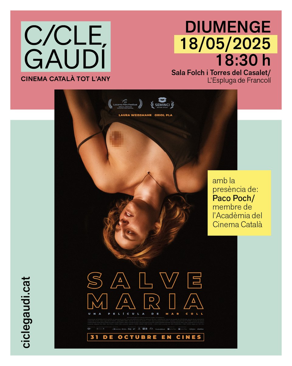 Espluga Turisme (@esplugaturisme) on Twitter photo 🎬 CICLE GAUDÍ A L’ESPLUGA DE FRANCOLÍ
📅 Diumenge 18 de maig
🕡 18:30 h
📍 Sala Folch i Torres del Casalet
👶 No et perdis “Salve Maria”, el nou film de Mar Coll. 🎬 CICLE GAUDÍ A L’ESPLUGA DE FRANCOLÍ
📅 Diumenge 18 de maig
🕡 18:30 h
📍 Sala Folch i Torres del Casalet
👶 No et perdis “Salve Maria”, el nou film de Mar Coll.