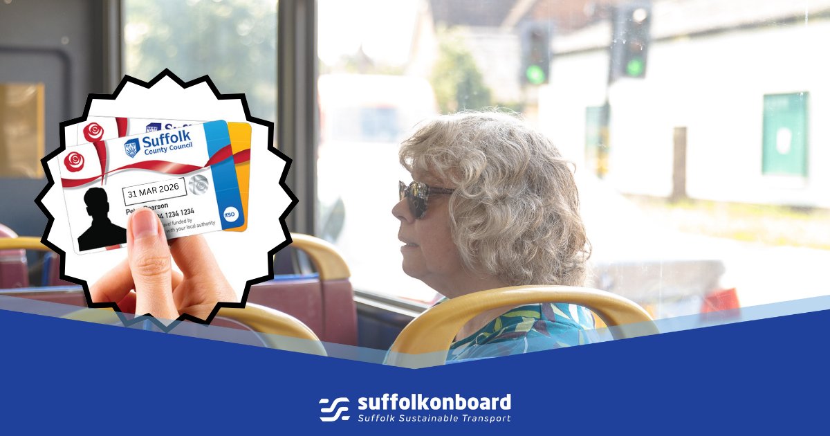 Summer’s here!🌞

If you're of state pension age or disabled, you are eligible for a free bus pass to travel around Suffolk and beyond.✨🚌

To find out more and apply for one👉 t.ly/zz5DA  

#concessionarytravel #FreeBusPass
#suffolkonboard