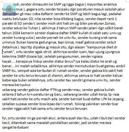 💚 fyi, ortu sender ini ga pernah akur, antara ayah dan ibu, udah ribut dari sender kecil, ditambah sama masalah pendidikan sender, jadi sender merasa sangat terbebani