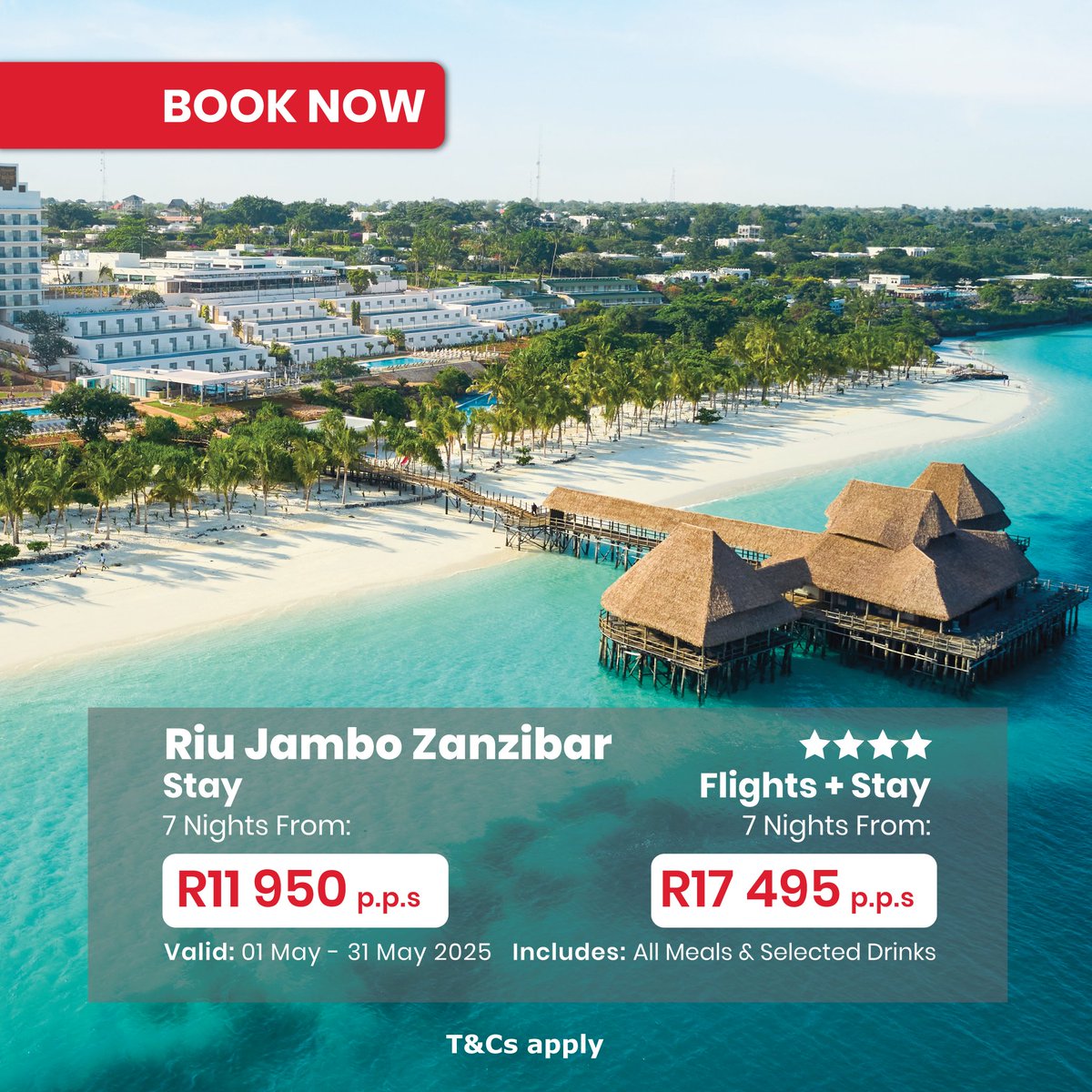 Riu Jambo Zanzibar🌴🌊

Special Pricing:
🏨 Stay — 7 nights from: R 11 950 pps
🏨✈️ Stay + Fly — 7 nights from: R 17 495 pps
Valid: 01 May – 31 May 2025
All meals &amp; selected drinks included 🍽️🍹
📞 011 592 9000

🌐 Book Now
holidays.africastay.com/zanzibar-hotel…