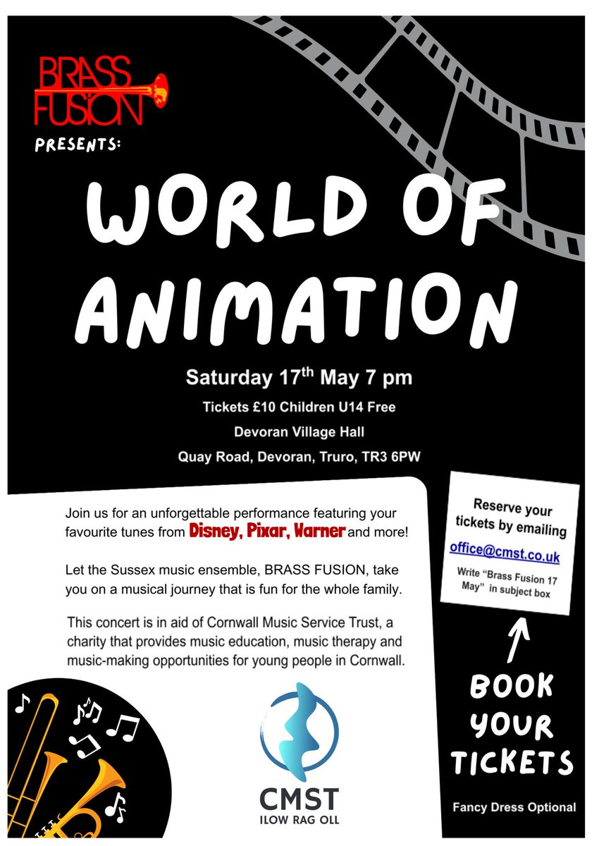 🎶 Our week of music continues! 🎺🎬

Join us TOMORROW (Sat 17 May, 7pm) at Devoran Village Hall for a family-friendly concert with BRASS FUSION 🎵

Disney, Pixar &amp; more—all in aid of CMST!
🎟️ £10 (Under 14s FREE)
📧 office@cmst.co.uk
👗 Fancy dress optional!