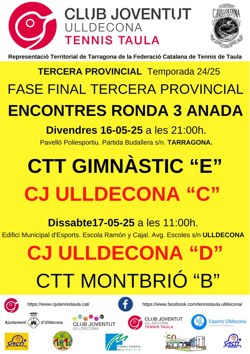 💥🏓Agenda esportiva del Club Joventut Ulldecona - Secció Tennis Taula d’aquest cap de setmana🏓💥
