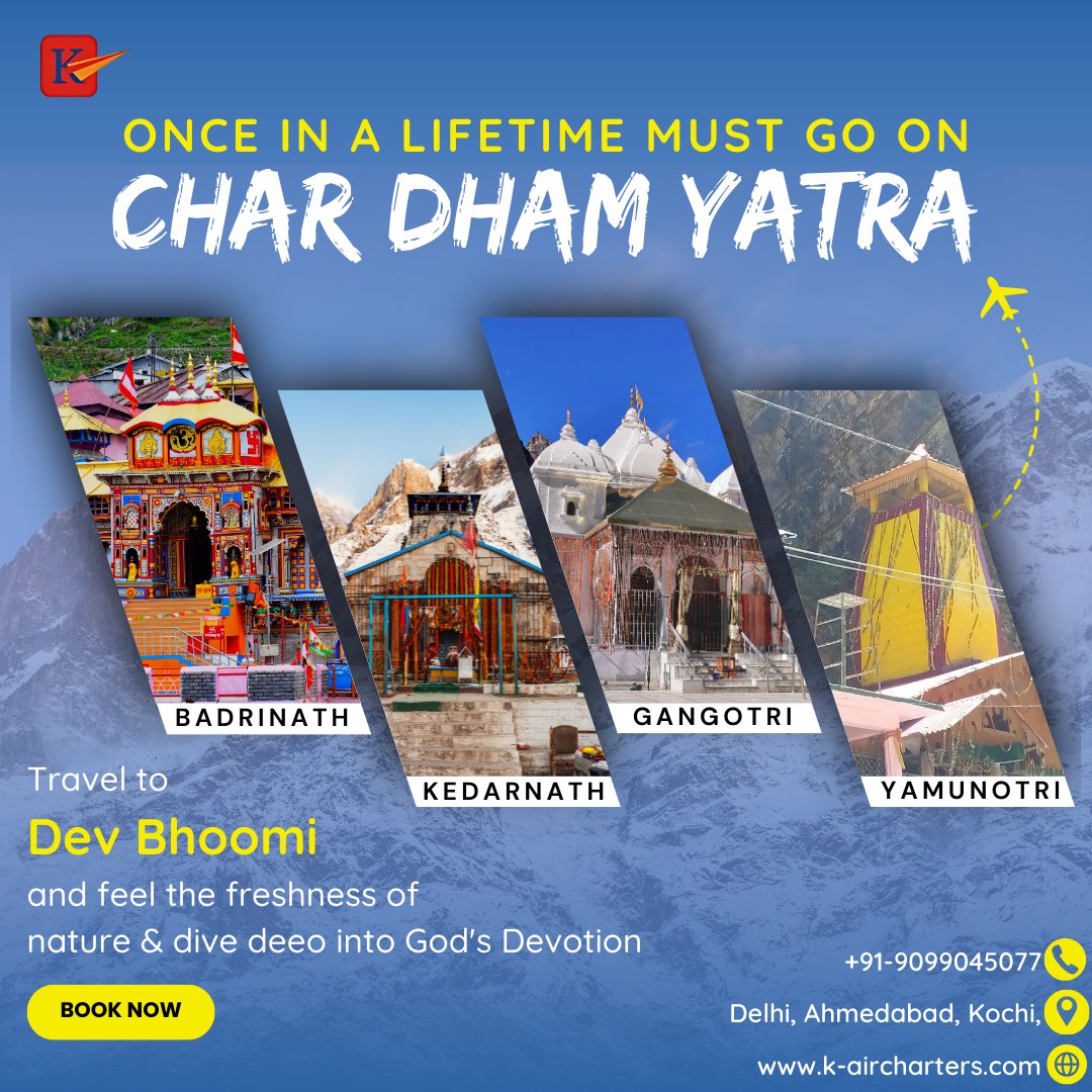 k_aircharters's tweet photo. 𝗢𝗡𝗖𝗘 𝗜𝗡 𝗔 𝗟𝗜𝗙𝗘𝗧𝗜𝗠𝗘 𝗠𝗨𝗦𝗧 𝗚𝗢 𝗢𝗡...

Char Dham Yatra - Travel to Dev Bhoomi and feel the freshness of nature &amp; drive into God's.

For booking your charter:
📞+91-9099045077
🌐 https://t.co/SWzvj1ZNCG
📩charters@k-aircharters.com

#k_air #chardham https://t.co/hHDu17kXPv