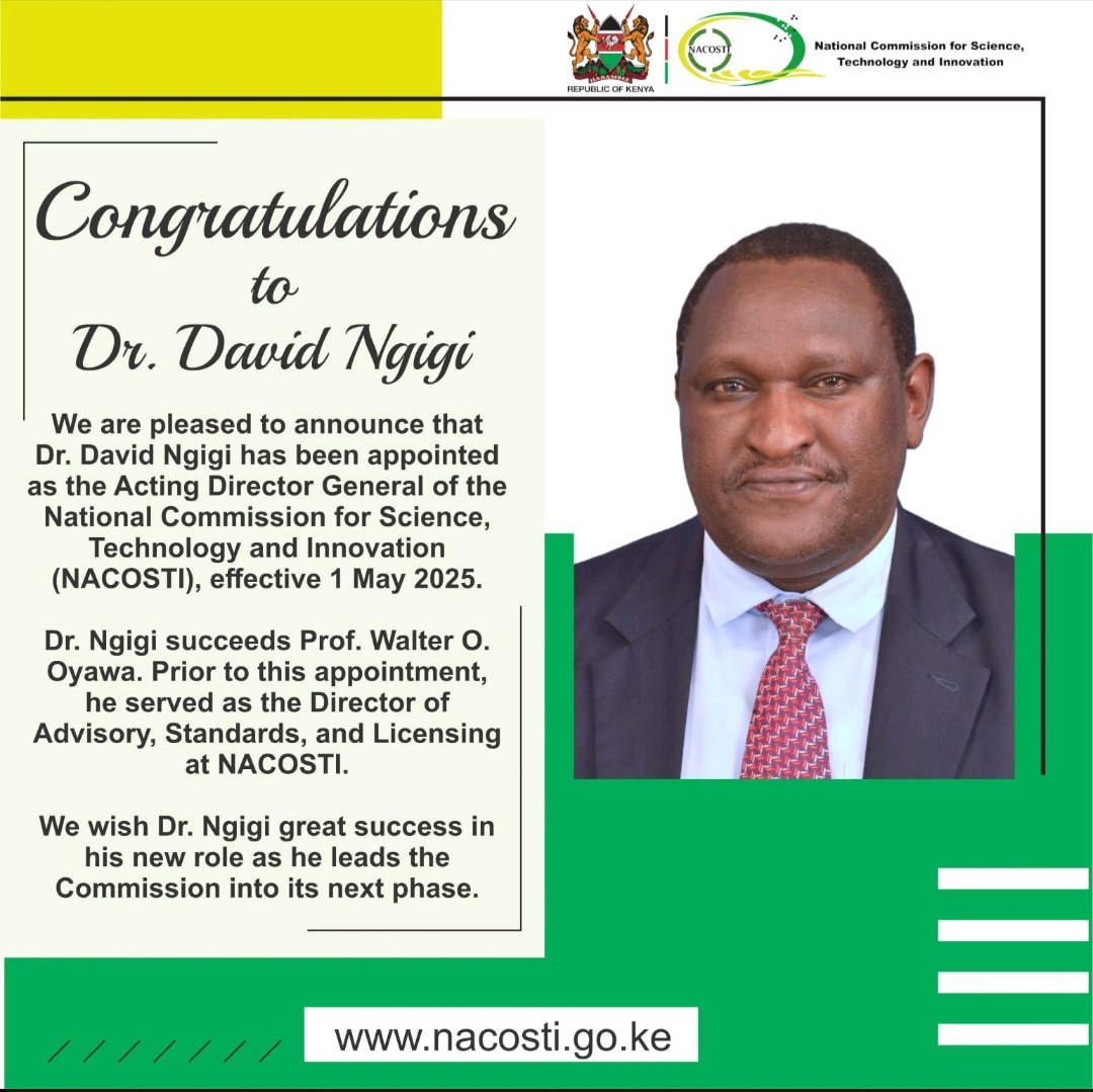 Dr Fun (@kmonjero) on Twitter photo Congratulations to my long time friend Dr. Ngigi for taking up <a href="/nacosti/">National Commission for Science,Tech & Innovation</a> leadership role
I know your big heart for children & youth
Looking forward to the game
<a href="/ResearchfundKE/">Research Fund KE</a> <a href="/NRF_News/">National Research Foundation of South Africa</a> <a href="/NRF_SAASTA/">SAASTA</a> <a href="/dstigovza/">DEPARTMENT OF SCIENCE,TECHNOLOGY & INNOVATION</a> <a href="/kilimoKE/">Ministry of Agriculture & Livestock Development</a> <a href="/kalromkulima/">KALRO</a> <a href="/Striga_Steve/">Steven Runo</a> <a href="/ScienceAlly/">Alliance for Science</a> <a href="/ScienceCenters/">Association of Science and Technology Centers</a> Congratulations to my long time friend Dr. Ngigi for taking up <a href="/nacosti/">National Commission for Science,Tech & Innovation</a> leadership role
I know your big heart for children & youth
Looking forward to the game
<a href="/ResearchfundKE/">Research Fund KE</a> <a href="/NRF_News/">National Research Foundation of South Africa</a> <a href="/NRF_SAASTA/">SAASTA</a> <a href="/dstigovza/">DEPARTMENT OF SCIENCE,TECHNOLOGY & INNOVATION</a> <a href="/kilimoKE/">Ministry of Agriculture & Livestock Development</a> <a href="/kalromkulima/">KALRO</a> <a href="/Striga_Steve/">Steven Runo</a> <a href="/ScienceAlly/">Alliance for Science</a> <a href="/ScienceCenters/">Association of Science and Technology Centers</a>