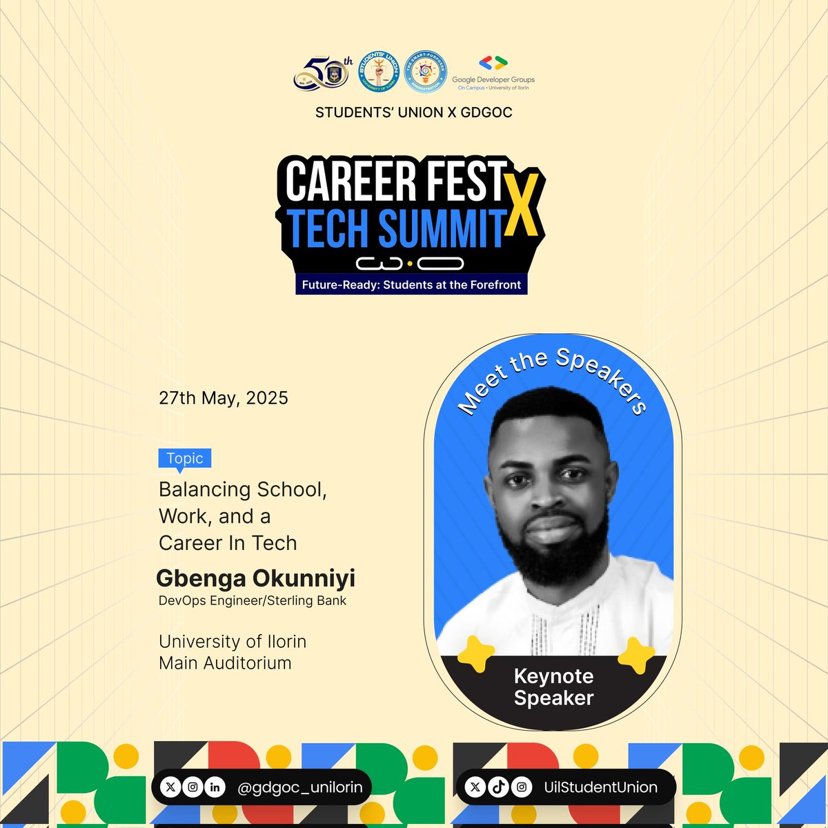 gdgoc_unilorin's tweet photo. KEYNOTE SPEAKER ALERT ⚠️

How do you balance school and a tech career without losing your mind?

Let’s ask @gbenga_okunniyi, a DevOps Engineer at Sterling Bank, who’s doing it all and still shipping clean codes.

Don't miss this session, Register today: https://t.co/g4hz8RbF0U https://t.co/we64Rri6ad