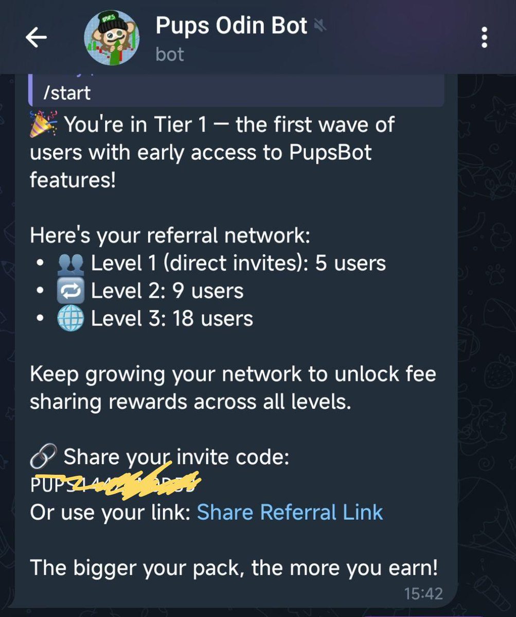 pupsodinbot's tweet image. ⚠️ Pupsbot Beta is LIVE for Tier 1 user!
You should be able to initiate /start on the bot, deposit BTC and trade on Odin directly from Telegram.
To check your tier, use /whitelist from the menu.
Try it out!