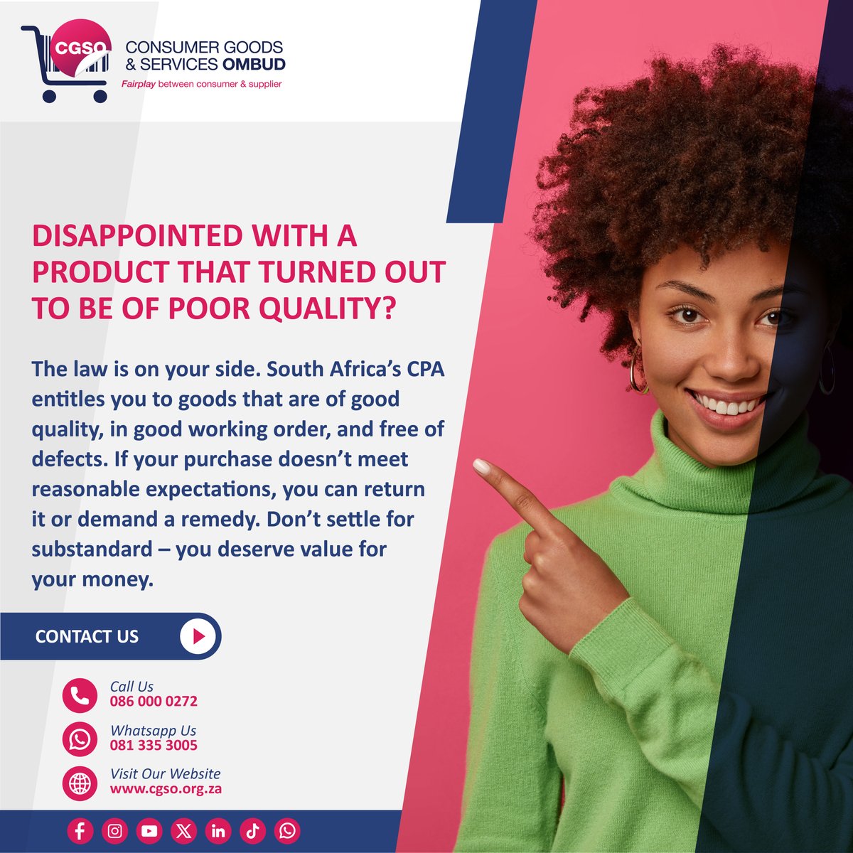 cgsombud's tweet image. Got a poor-quality product? 😒 The CPA says you’re entitled to goods that work and are free of defects. Return it or demand a fix – don’t settle! 💪 

#KnowYourRights #ConsumerProtection