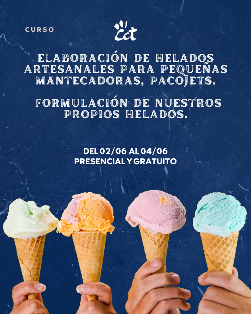👨‍🍳 En este curso aprenderás a formular, adaptar y elaborar helados artesanales con Pacojet y pequeñas mantecadoras.

📅 Del 2 al 4 de junio, en el CCT Murcia.

Más info e inscripciones en nuestra web acortar.link/bSChyb

#SoyCCT #CCTMurcia #formacion #curso