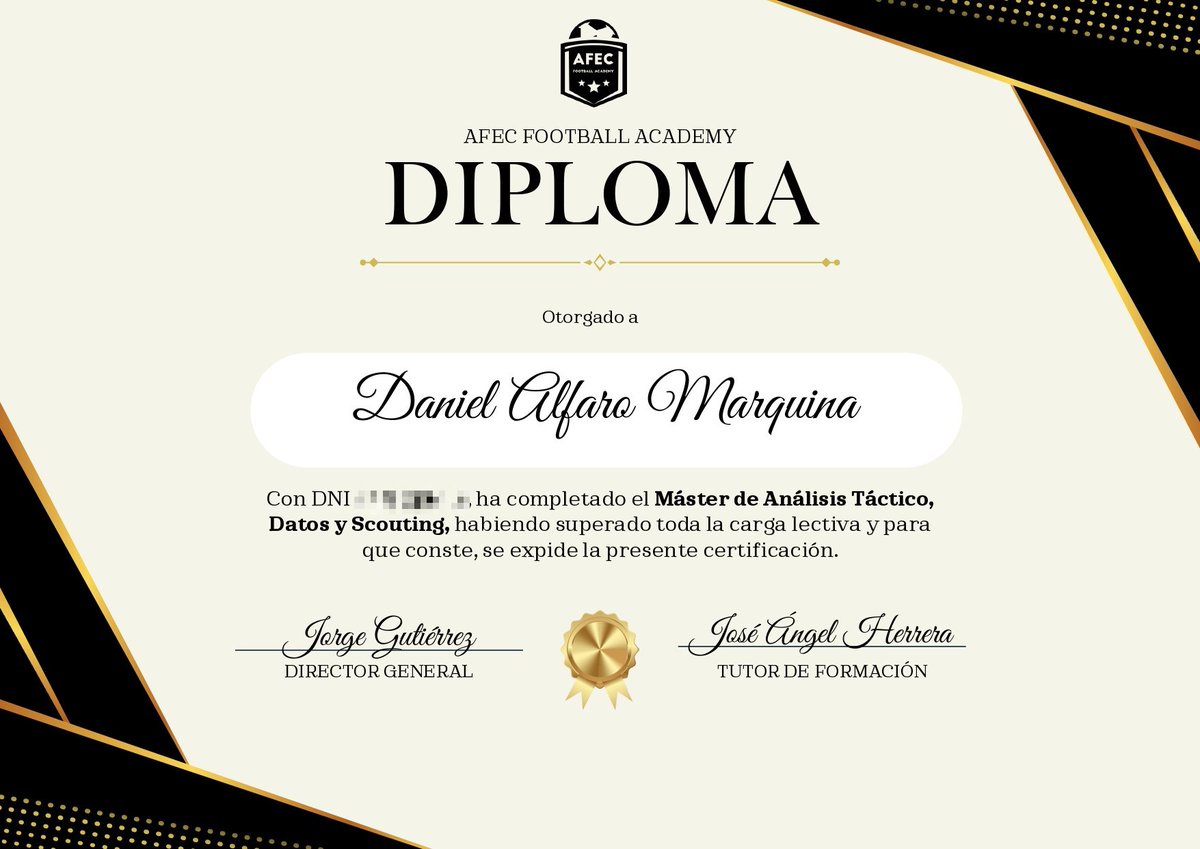 Dani Alfaro (@danialfaroft) on Twitter photo 👨🎓Me alegra contaros que he finalizado el Máster de <a href="/afecfa/">AFEC - Football Academy</a> en Scouting, Análisis Táctico y Análisis de Datos.
⌛Muchas horas invertidas, pero mucho aprendizaje obtenido.✅
🔎🔜Ahora, en busca de un nuevo proyecto de cara a la temporada que viene. 🚀
¡Se agradece difusión!🔁❤ 👨🎓Me alegra contaros que he finalizado el Máster de <a href="/afecfa/">AFEC - Football Academy</a> en Scouting, Análisis Táctico y Análisis de Datos.
⌛Muchas horas invertidas, pero mucho aprendizaje obtenido.✅
🔎🔜Ahora, en busca de un nuevo proyecto de cara a la temporada que viene. 🚀
¡Se agradece difusión!🔁❤