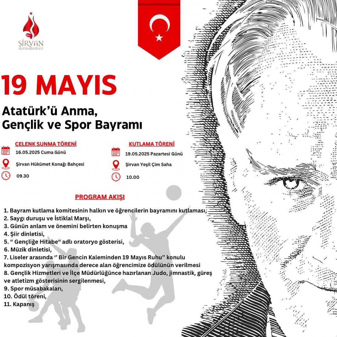 Sirvanmem_'s tweet photo. 19 Mayıs Atatürk’ ü Anma, Gençlik ve Spor Bayramı Kutlama Etkinliklerimize Herkesi Bekleriz. 🇹🇷
@sirvankymkmligi @mem_siirt @sadoglu_salih https://t.co/tq3RKcNSCE